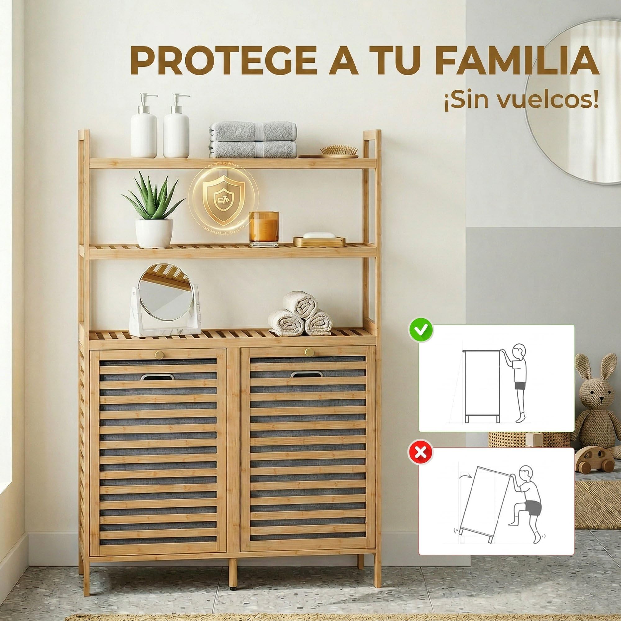 HOMCOM Mueble Ropa Sucia de Bambú, 2 en 1, Mueble de Baño con 2 Cestos para Ropa Sucia Inclinables 38,7 L y 3 Estantes, para Cocina, Salón, 80x30x118 cm, Roble