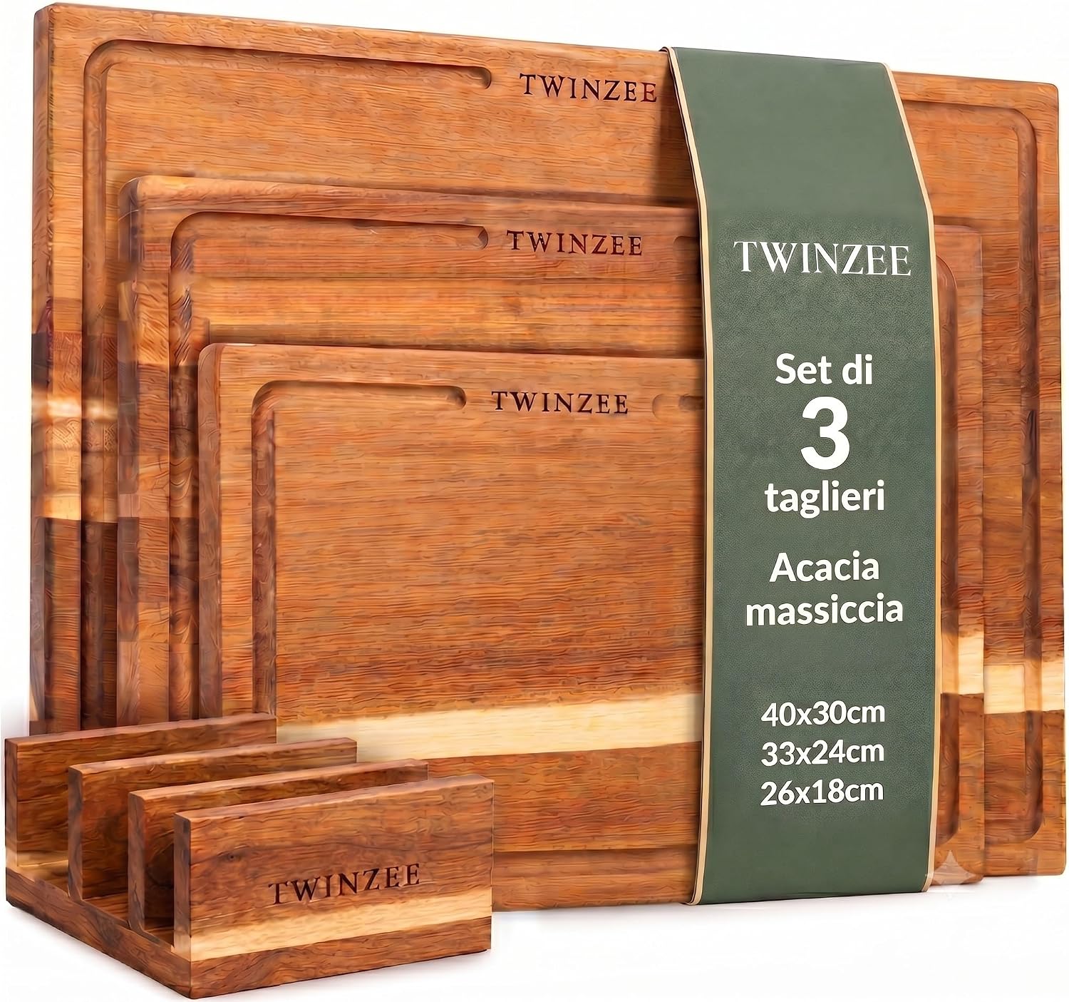 Twinzee Set di 3 Tagliere Legno (40 x 30/33 x 24/26 x 18 cm) in Massiccio di Acacia - Tagliere da Cucina con Supporto, Spessi 2 cm, con Canalina per Succo
