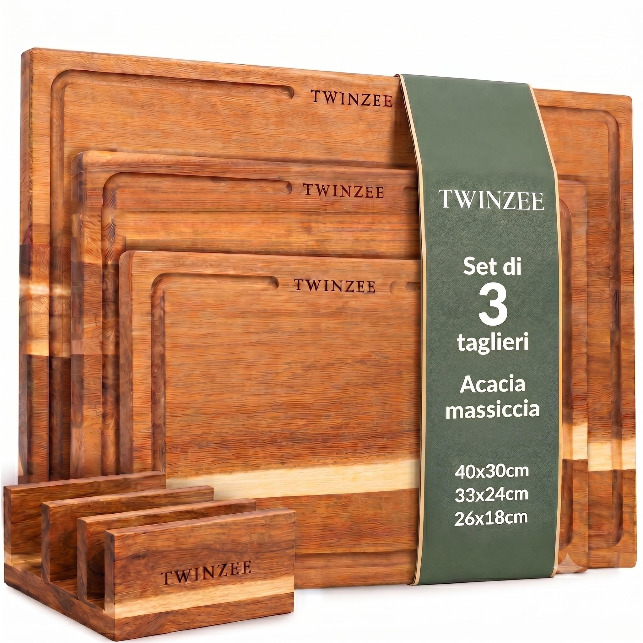 Twinzee Set di 3 Tagliere Legno (40 x 30/33 x 24/26 x 18 cm) in Massiccio di Acacia - Tagliere da Cucina con Supporto, Spessi 2 cm, con Canalina per Succo