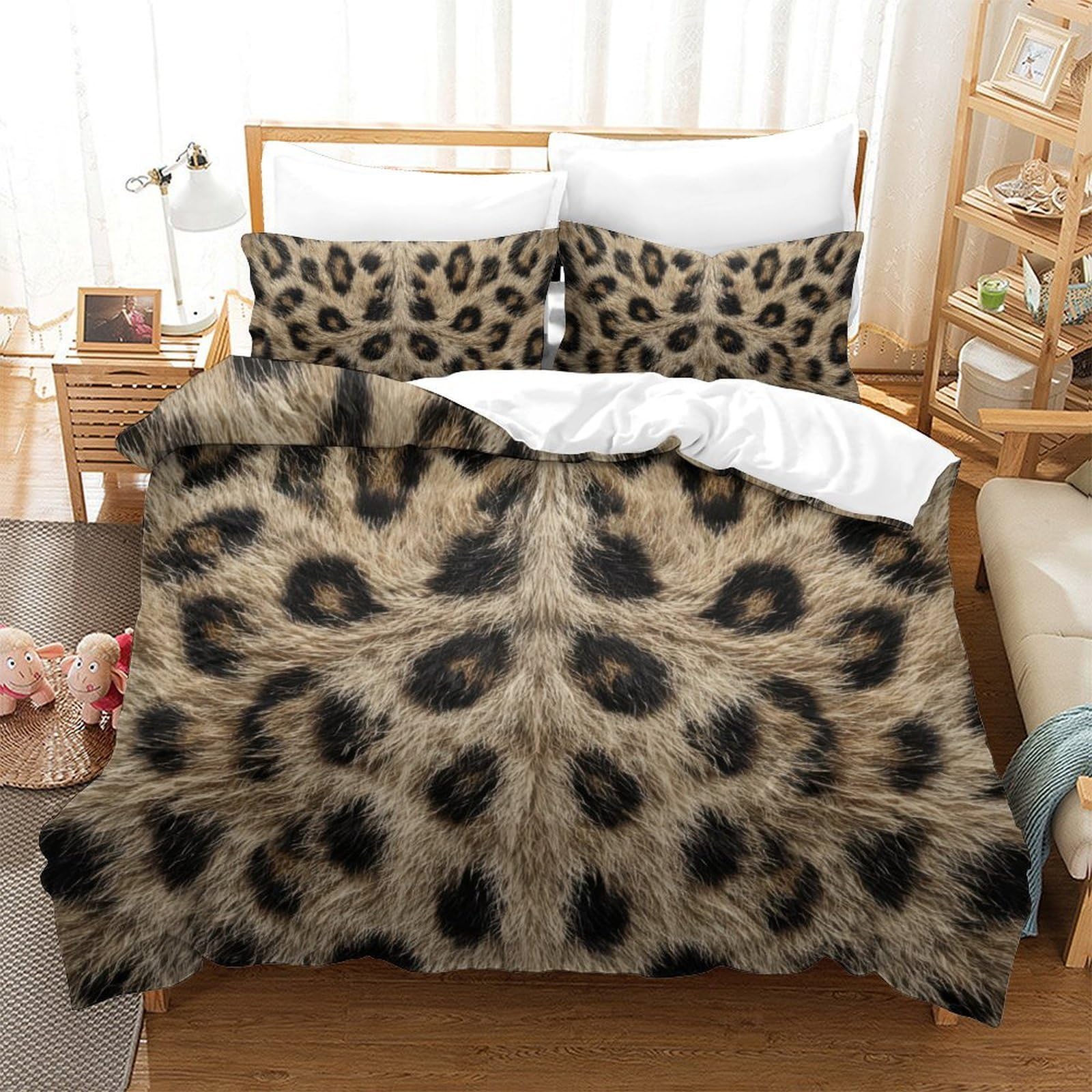Housse de couette léopard 3D 135x200 parure de lit 2 pièces avec taie d'oreiller zippée