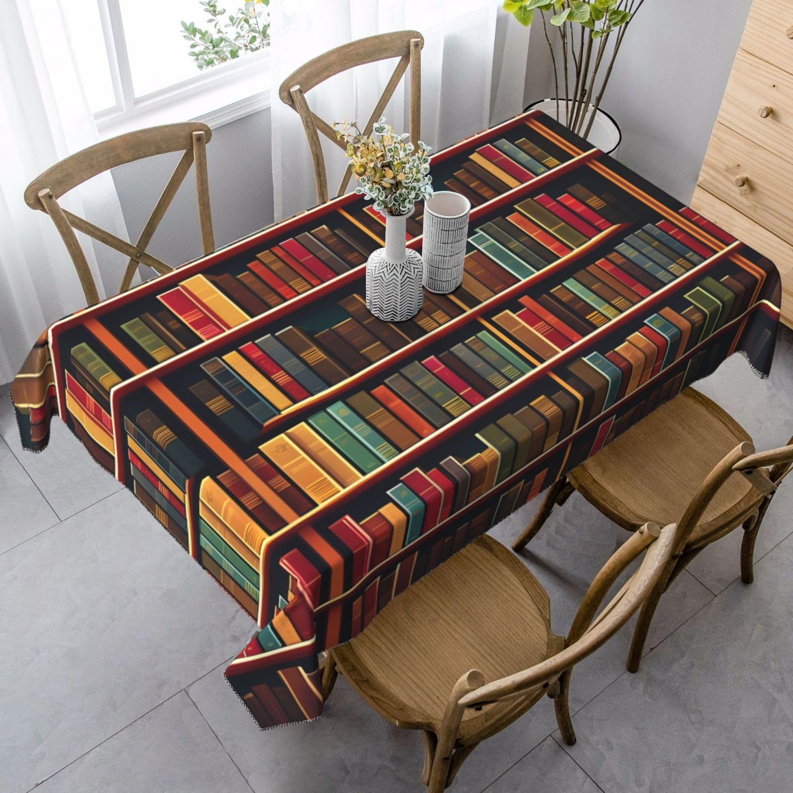 JEJEA Library Bookshelf Book print Rectangle Tablecloth Wrinkle Free Soft Table Cloth for Dining Christmas Room Decoration
