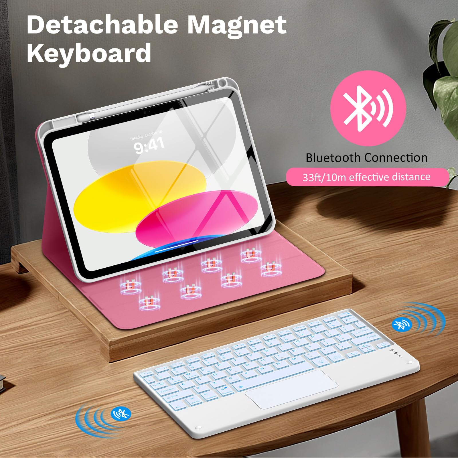 MoKo Touch Keyboard Case for iPad (A16) 11th/10th Gen,Ros Bri | 7 Colors Backlit, Multi-TrackPad, with Pencil Holder, Auto Wake/Sleep, Compatible with iPad 11 inch 2025, iPad 10.9 inch 2020