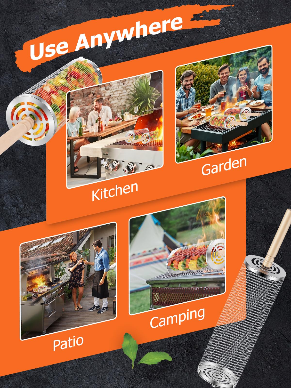 Landrip Cesta de Barbacoa Rodante, Mango de Madera Desmontable, Acero Inoxidable, Accesorio de Cocina al Aire Libre para Barbacoa de Vegetales, Gadgets de Jardín y Camping para Barbacoa a Gas, Regalo
