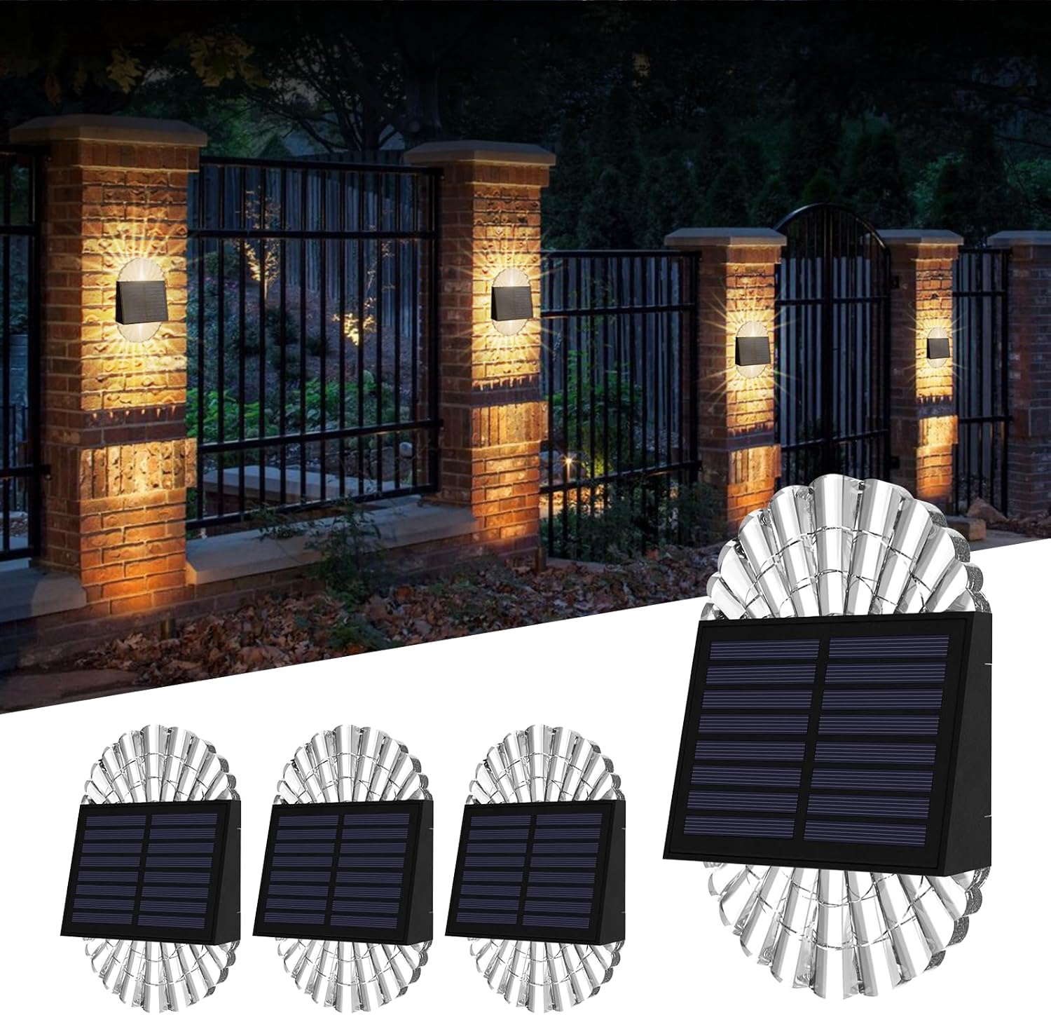 Deck Post ights, 4 Pack Fence Solar Lights, Solar Fence Lights Outdoor Waterproof Led for Garden, Yard, Outdoor, Patio Decor, Warm White