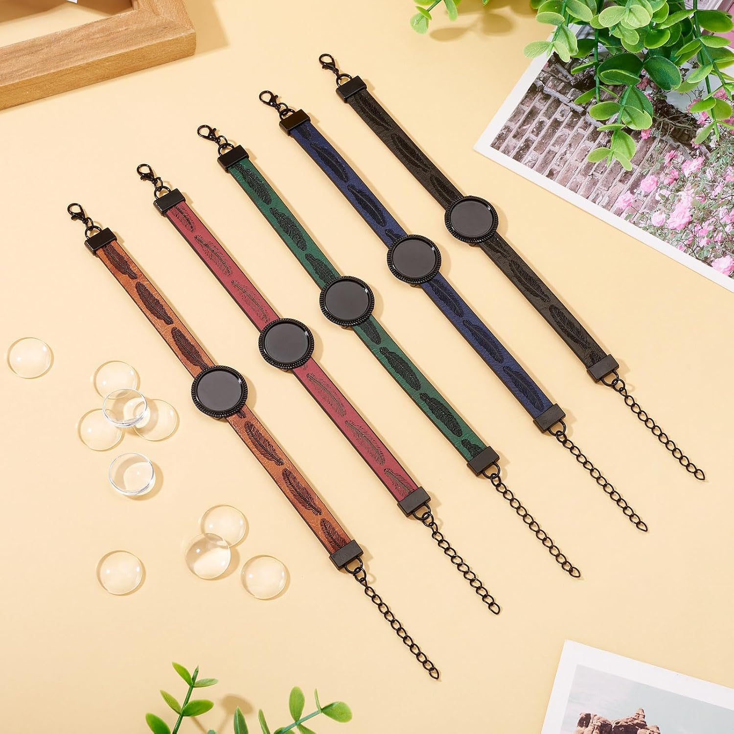 FASHEWELRY 5Pcs PU Leather Cord Bracelet Blanks Bezel Tray Settings Black Flat Round Tray Cabochons Adjustable Round Tray Bracelet Kits with Glass Cabochons for Jewelry Making - Image 5