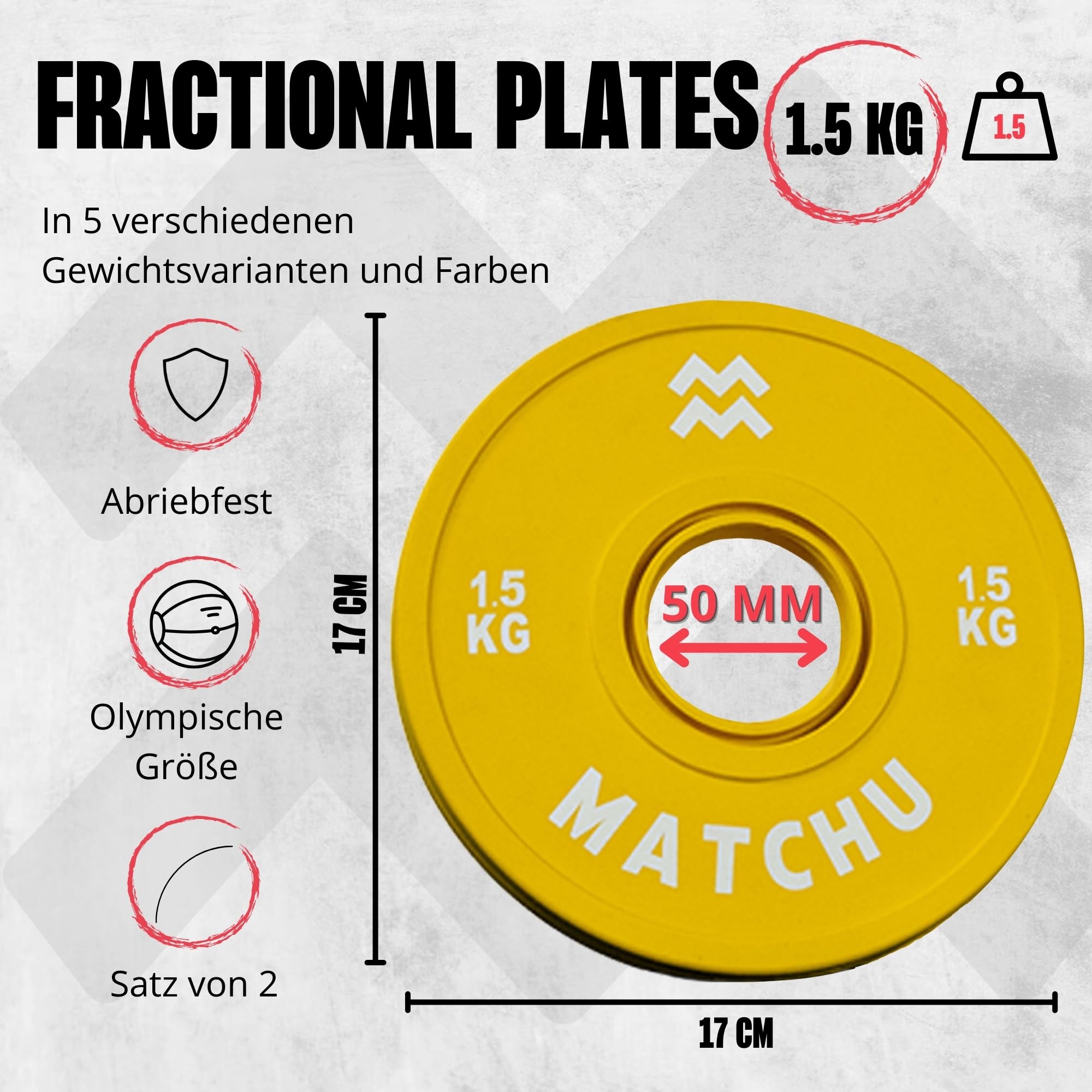 MATCHU - Fractional Plates - Mini Hantelscheiben - 0,25/0,5/1/1,5/2,5 KG - Satz mit 2 Stück - Stahl mit Gummiaußenschicht - Durchmesser 50mm