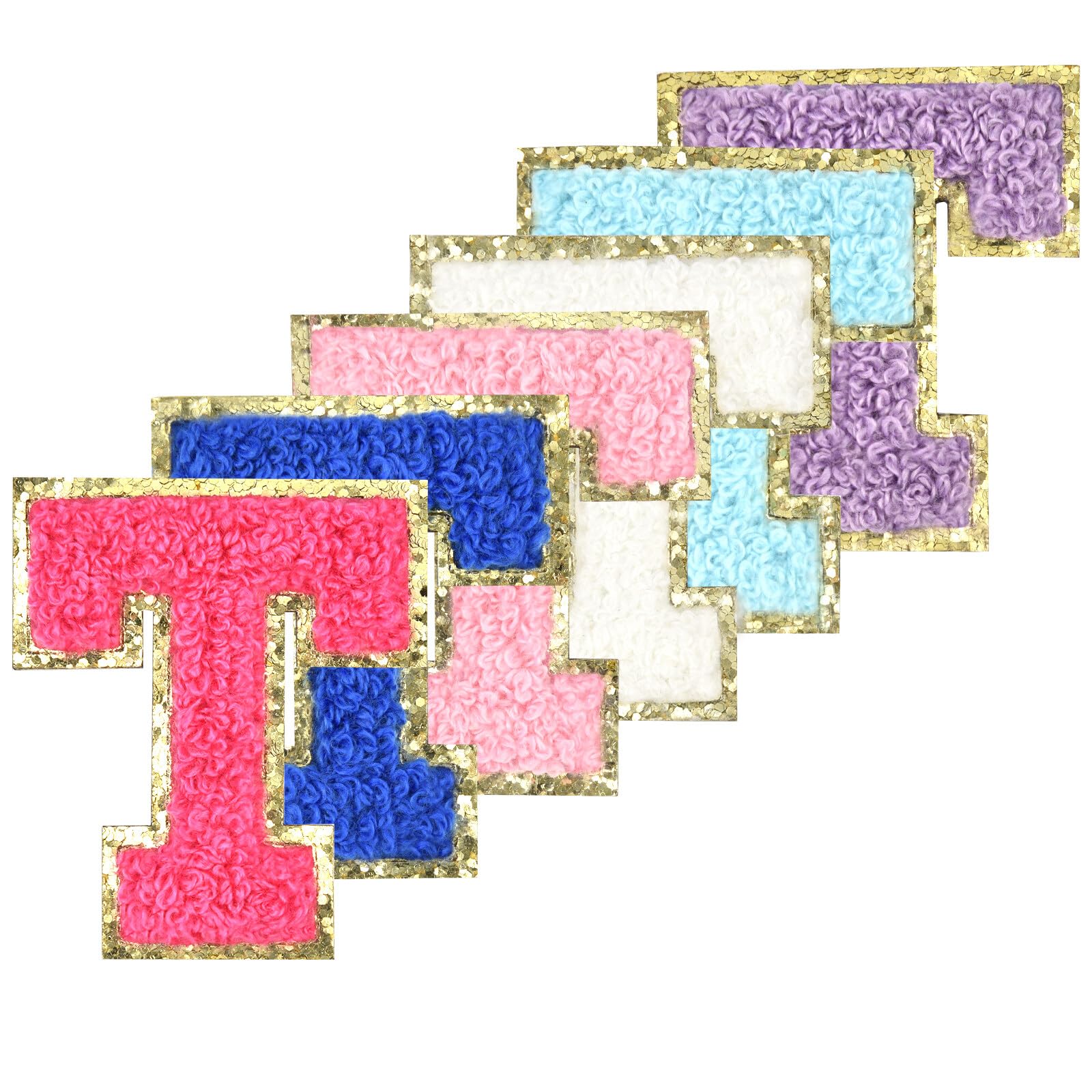 Gleihow 6Pcs Self Adhesive Chenille Letter Patches Iron on Varsity Preppy Letter Patches Stick on Glitter Fuzzy Letters for Clothing Bag Laptop Phone Case(Mixed Color,T)