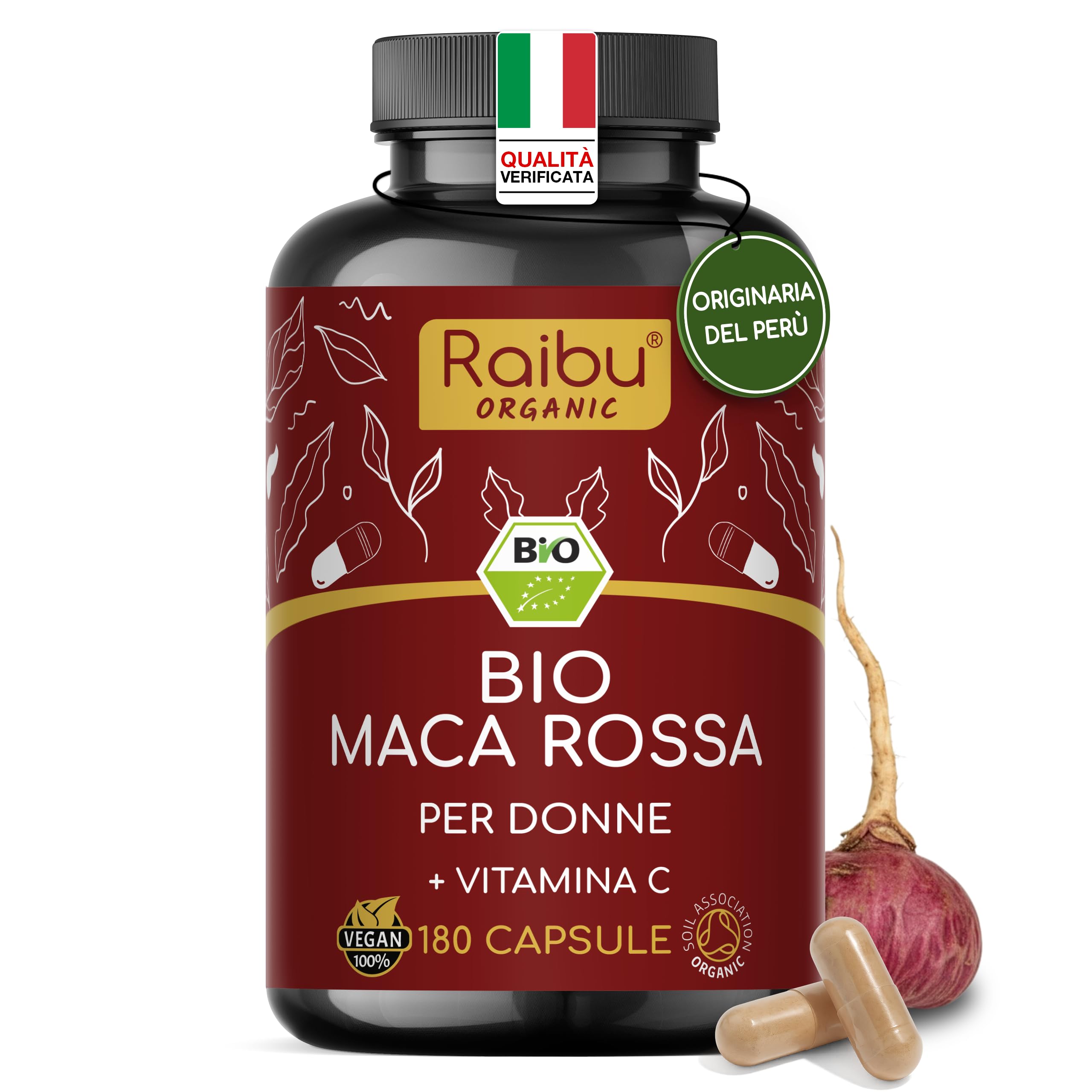 Maca Rossa Peruviana BIO - 180 capsule da radice di Maca Peruviana - Equilibrio ormonale per donna - 3.200mg per dose giornaliera (equivalenti a 12.800mg di radice del Perù) - Con vitamina C naturale