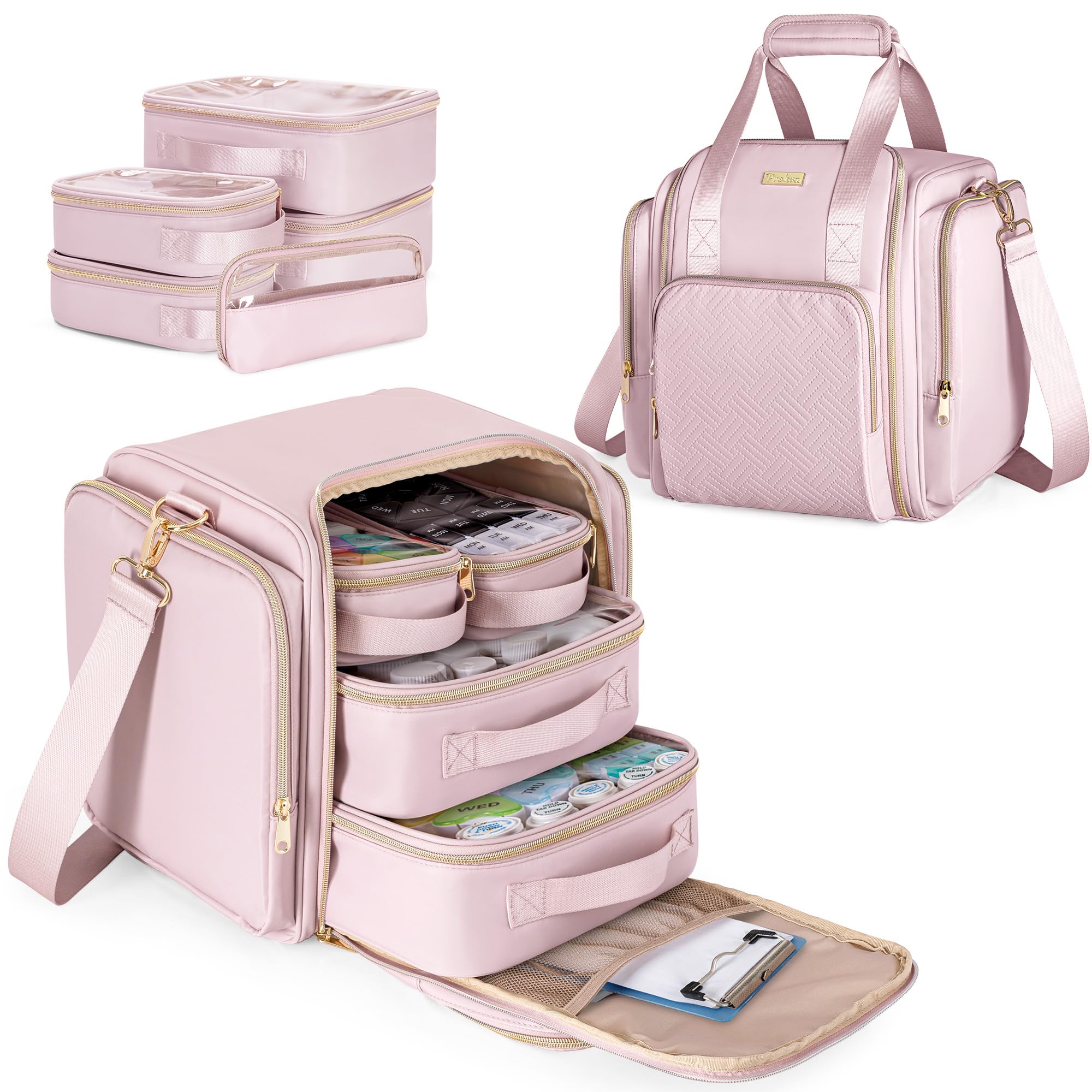 Bolsa de Almacenamiento de Medicamentos con 5 Bolsillos Extraíbles, Bolsa Organizadora de Frascos de Pastillas con Correa, Bolsa de Viaje Grande para Medicamentos y Suministros Médicos, Rosa