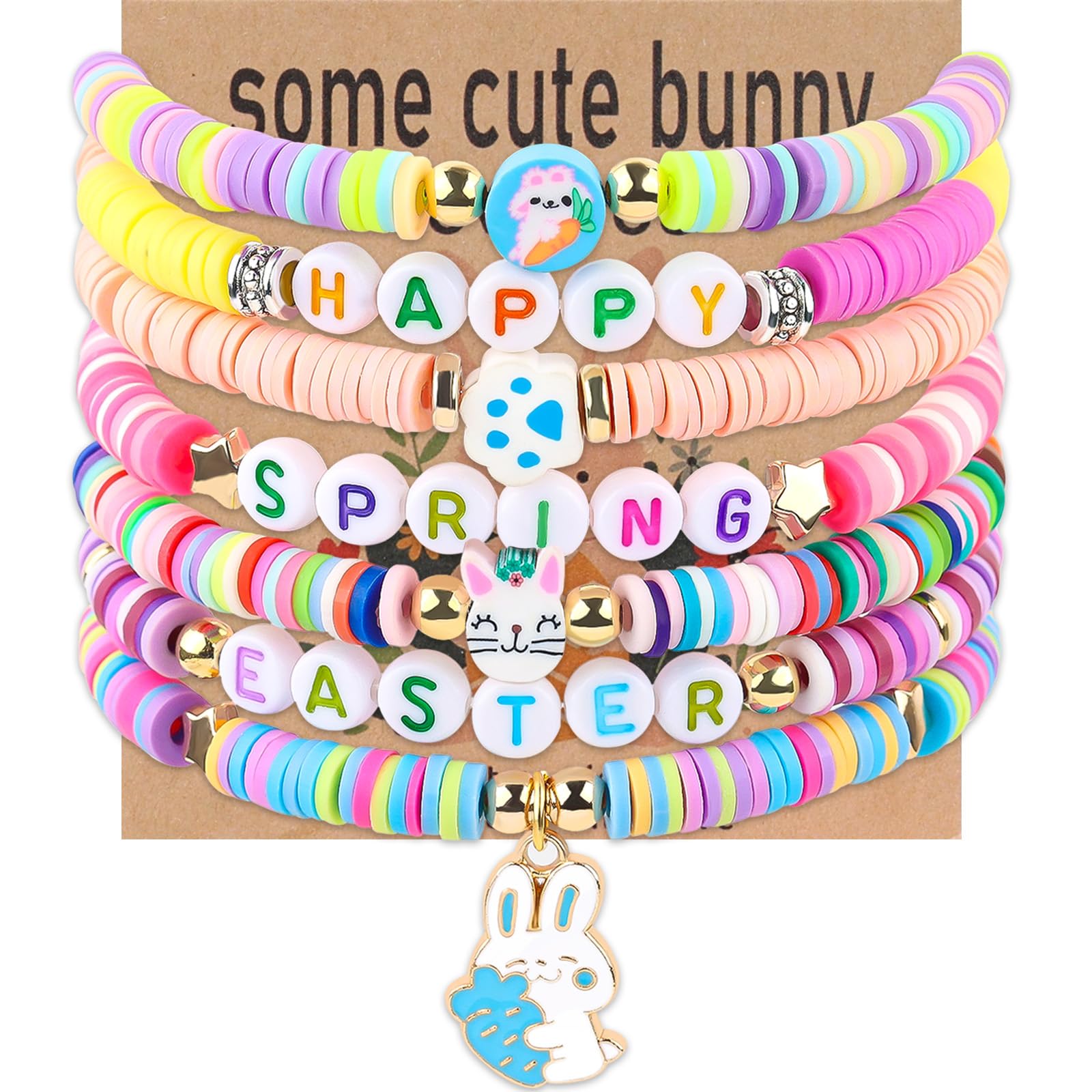 7Pcs Easter Bunny Basket Gifts Bracelet, Easter Gifts for Girls Women Stackable Boho Clay Party Elastic Stretch Bracelets