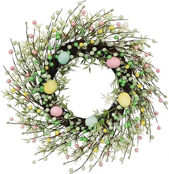 20" Easter Wreath Pink, Green Yellow Berry & Egg Wreaths for Front Door, Spring Easter Wreath Door Decor Outdoor Indoor