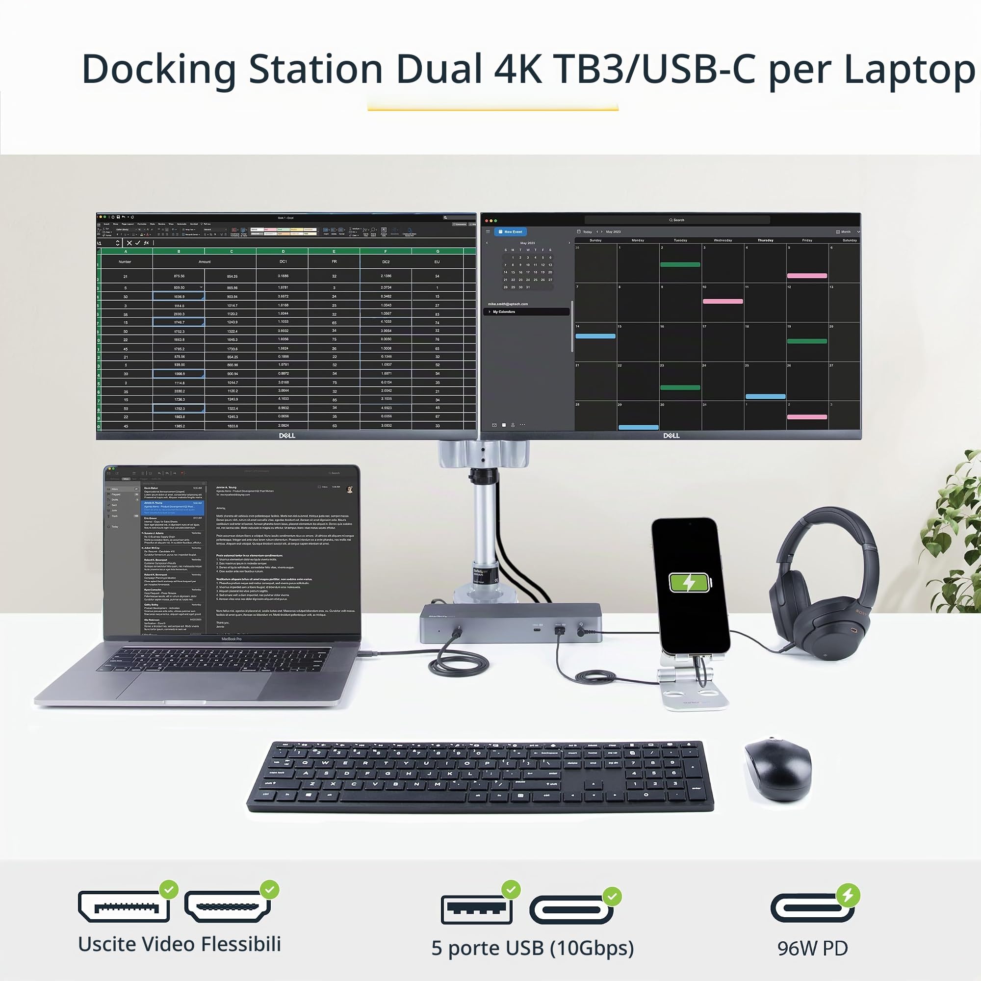 StarTech Docking Station USB-C MacBook Pro/Air, 2x 4K 60Hz/1x 8K, 96W PD | Doppio Monitor 4K o Singolo 8K, 10Gbps, Ethernet Gigabit