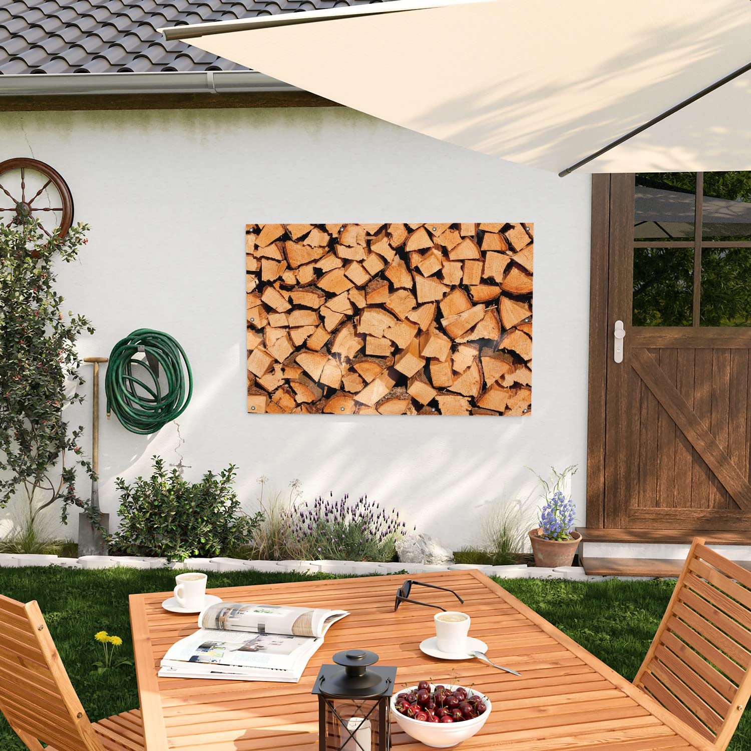 Wallario Outdoor-Poster für Garten oder Balkon Holzstapel gehackt - Holzscheite für den Kamin, Motivbanner Größe: ca. 100 x 150 cm, Outdoor-Bild