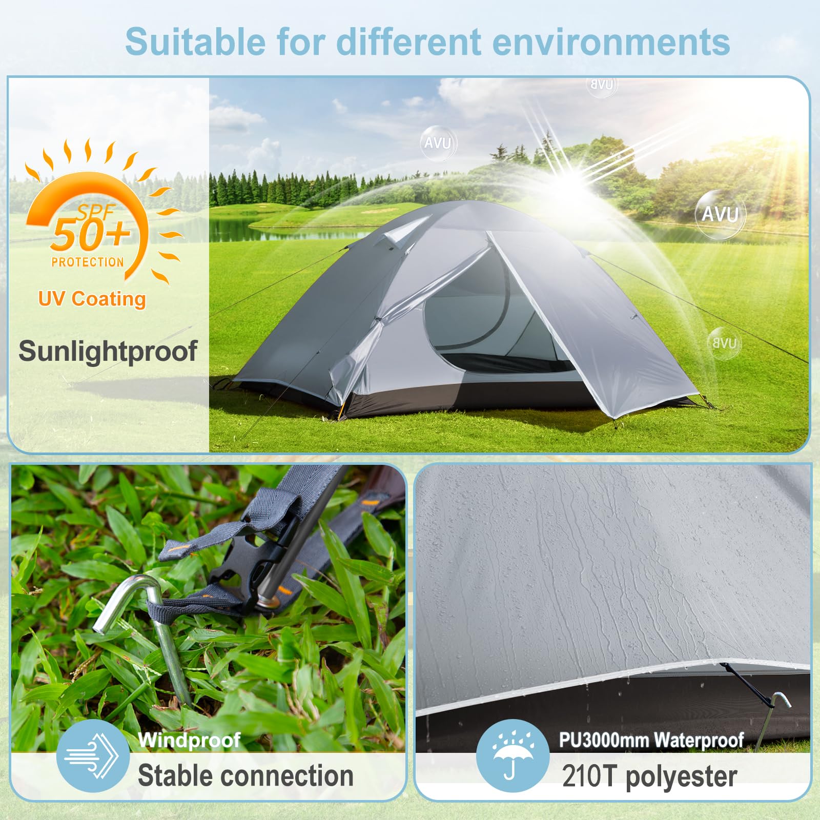 Forceatt Zelt 2 Personen Camping Wasserdicht, Ultraleicht Mit Kleinem Packmaß, Tragbares Kuppelzelt Zum Schnellen Aufbau Für Trekking, Camping, Wandern und Outdoor