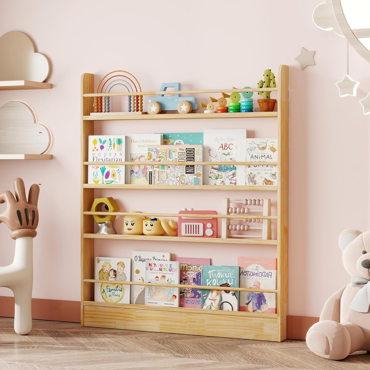4 Tier Behind The Door Bookshelf, Space Saving Behind The Door Bookcase Wooden Kids Wall Bookcase for Bedroom Living Room Playroom (120 * 100)