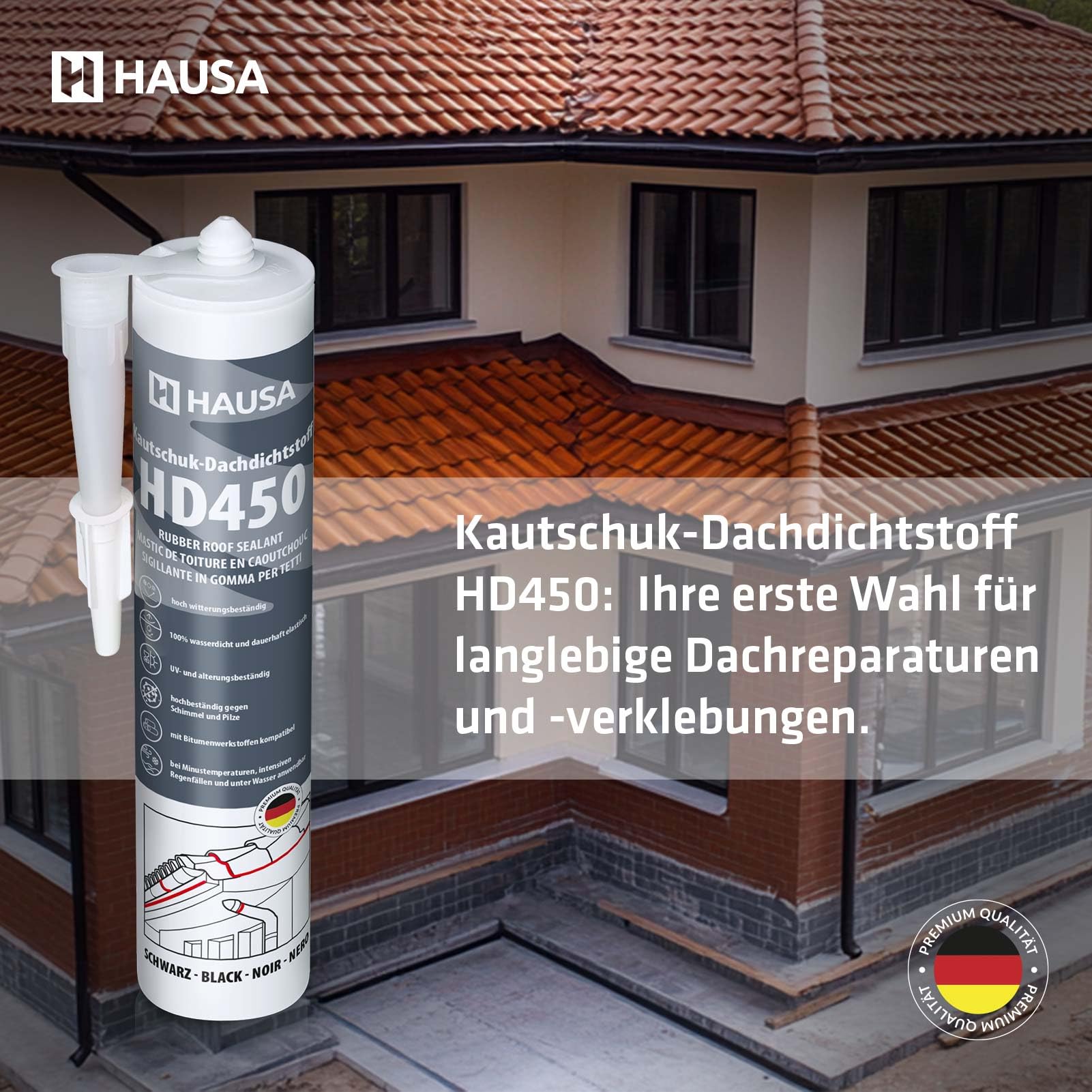 Hausa Kautschuk Dachdichtstoff HD450 Schwarz 6x 300ml dauerelastische Dichmasse & Kleber für Dach Dachrinnen Trapezblech Dachfolien Dachbahnen, wetterfest, kompatibel mit Bitumenwerkstoffen
