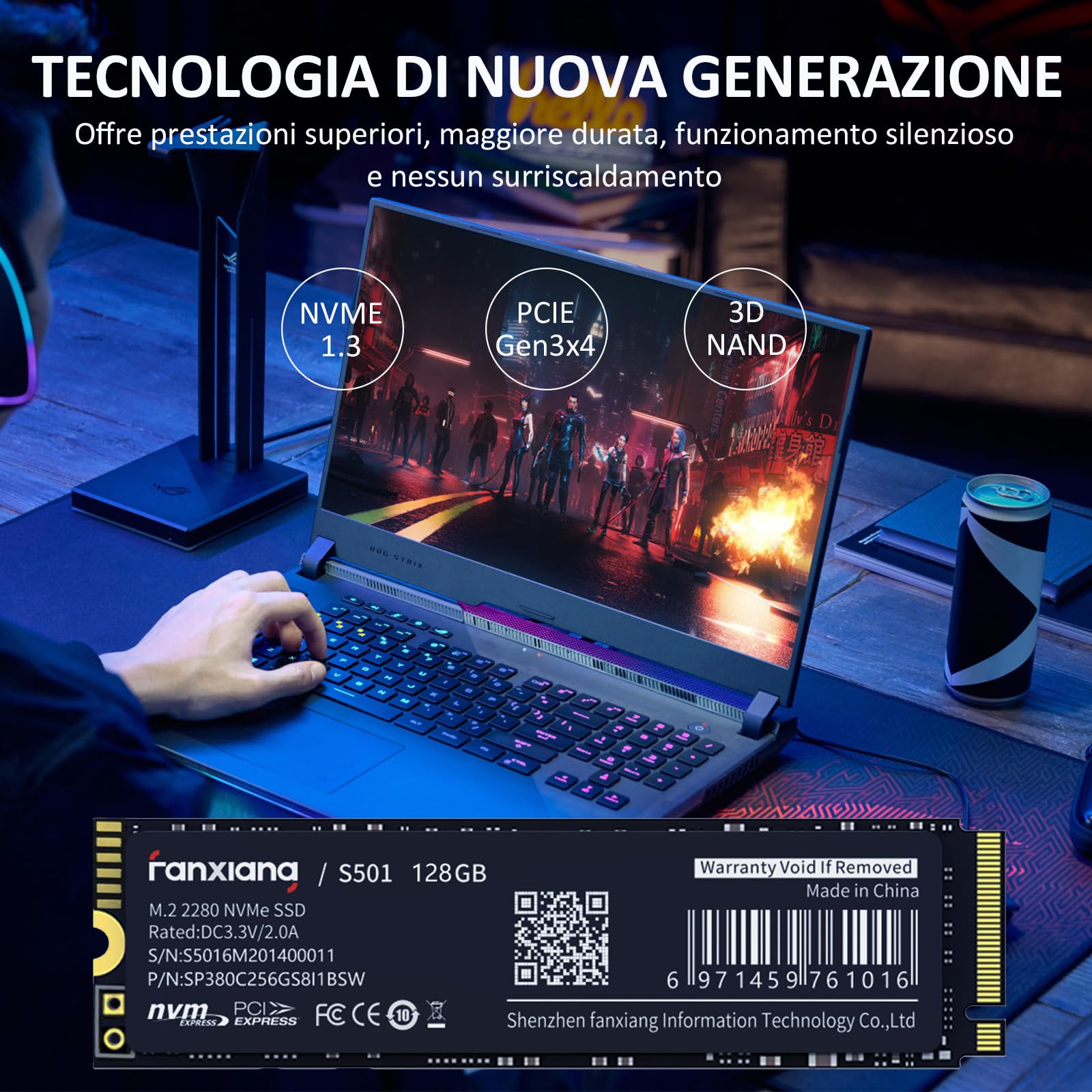 fanxiang SSD NVMe 512GB M.2 PCIe Gen3x4 2280 SSD Interno 512GB, Fino a 2100MB/s in Lettura, 1300MB/s in Scrittura, Compatibile con Laptops, PC, Computer Desktop(S501)