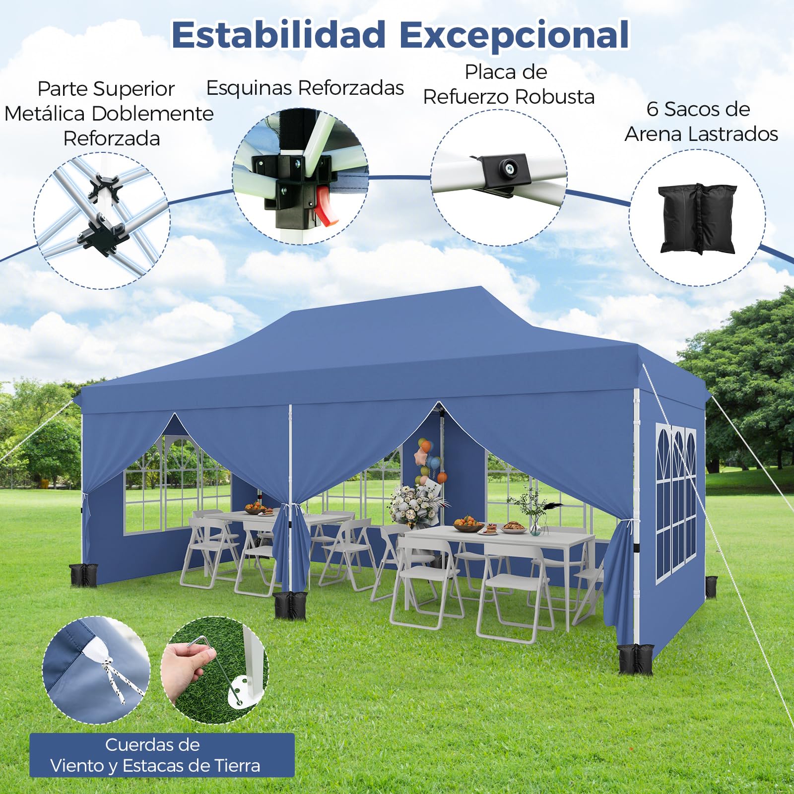 COSTWAY Carpa Plegable 3x6m, 6 Paredes Laterales Desmontables, Pergolas de Jardin Pop UP, Protección UV 50+ Impermeable, 6 Sacos de Arena, Cenadores Pabellón Jardin Exteriores (Azul)