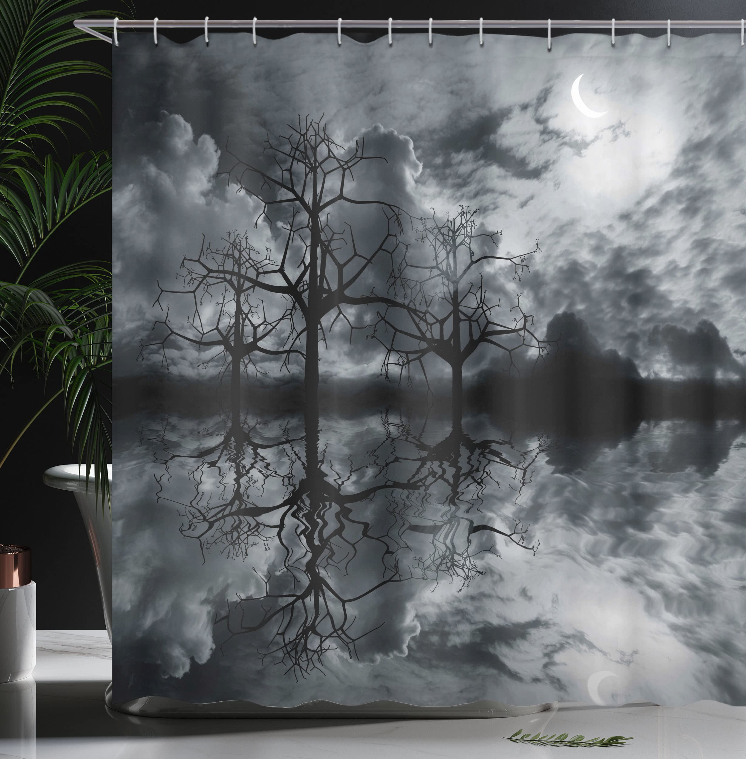 ABAKUHAUS Forêt Noire Rideau De Douche, Un Seul Arbre Night Time
