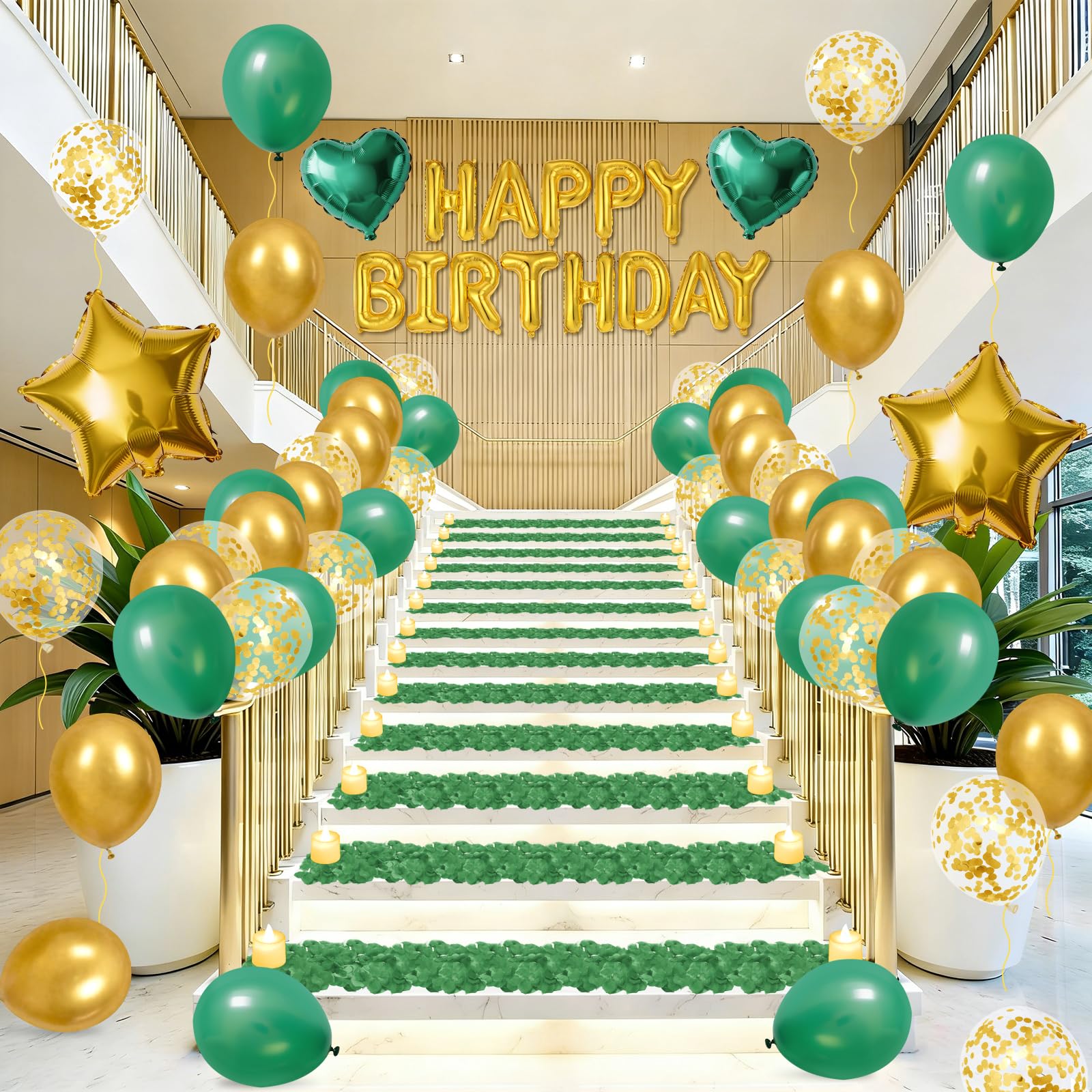 Globos de cumpleaños verdes y dorados, decoración de globos de cumpleaños dorados y verdes con globos de estrella y corazón, 1000 pétalos de rosa artificiales, 24 velas LED sin llama para suministros