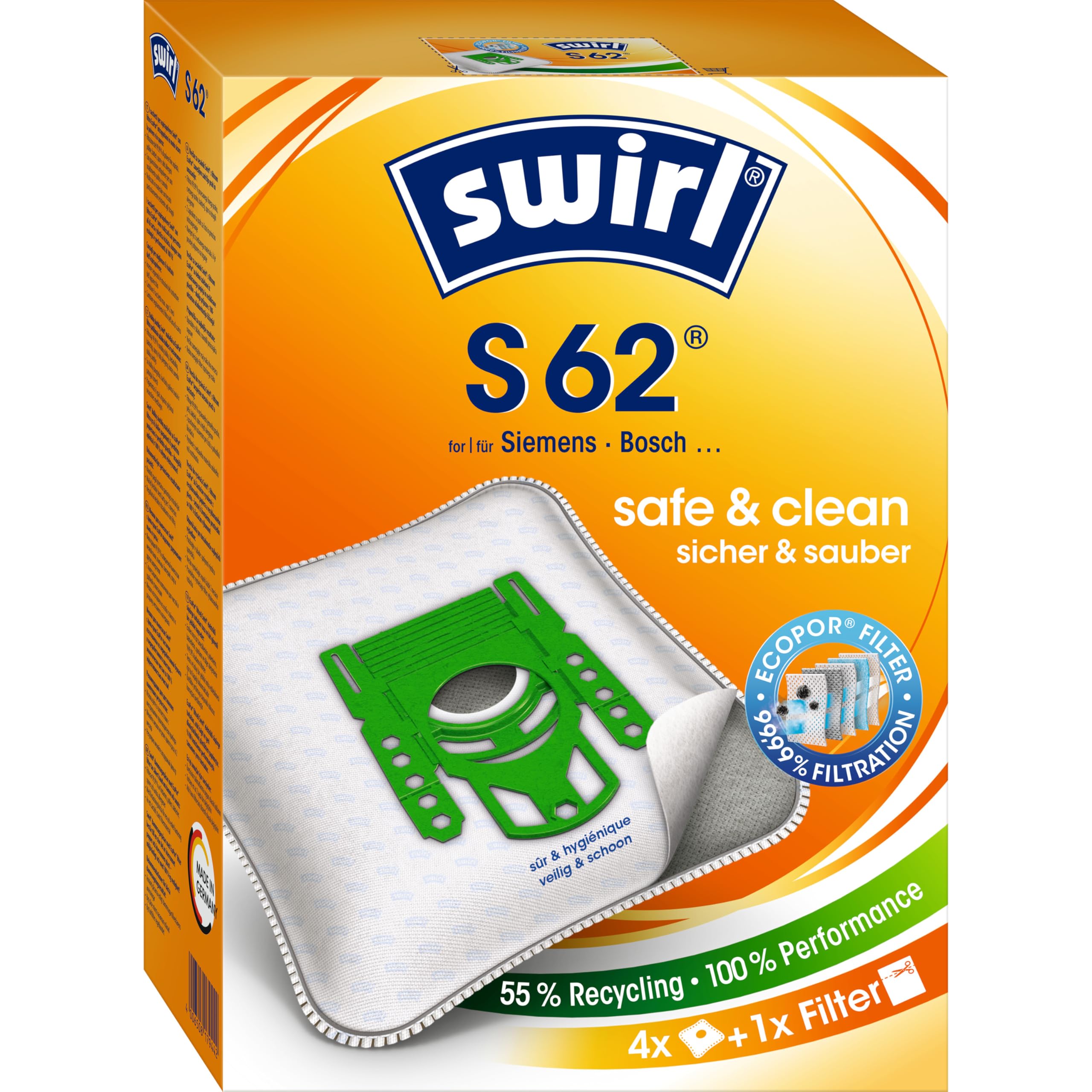 Swirl MicroPor Power Filter S 62 Paper Odour-Blocking Vacuum Cleaner Bags and 1 Hepa Filter