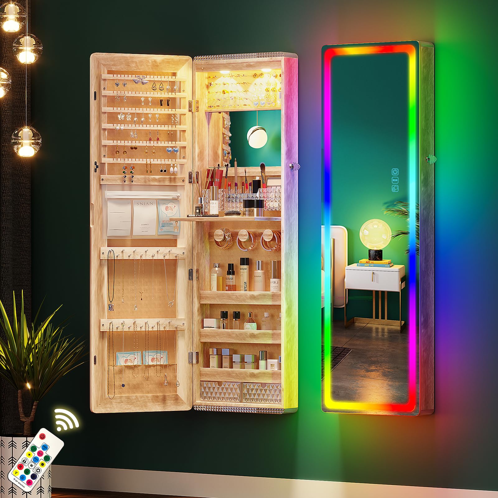 WOOVIVS LED Mirror with storage-47.2" Jewelry Cabinet with RGB Lights, Over the Door Jewelry Organizer with Drawer, Lockable Wall Mount Jewelry Armoire with Remote Control, Full Length Mirror-Brown
