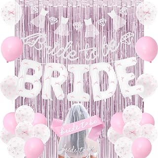 Holkcog Bachelorette Party Decorations Bridal Shower Sash, Pink White Bridal To Be Decorations With Balloons, Bride-To-Be Banner,Bridal Veil, Fringe Curtains, Pink and White Girls Bachelorette Supply
