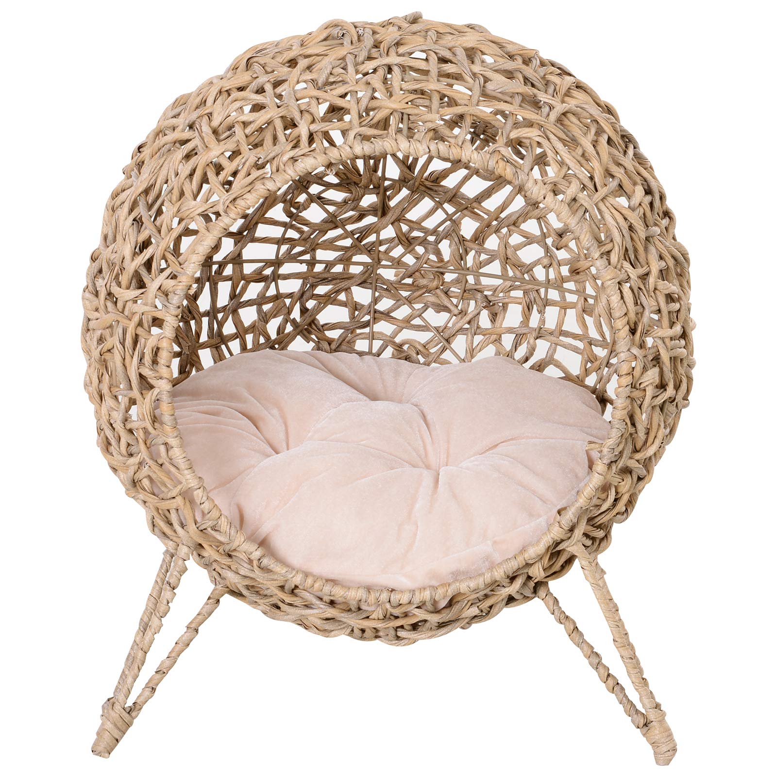 PawHut Cama Cueva de Ratán para Gatos Base Trípode Φ52x58 cm Madera Natural | Mascotas Pequeñas, Cojín de Felpa y Algodón Suave, Diseño Elevado, Estable