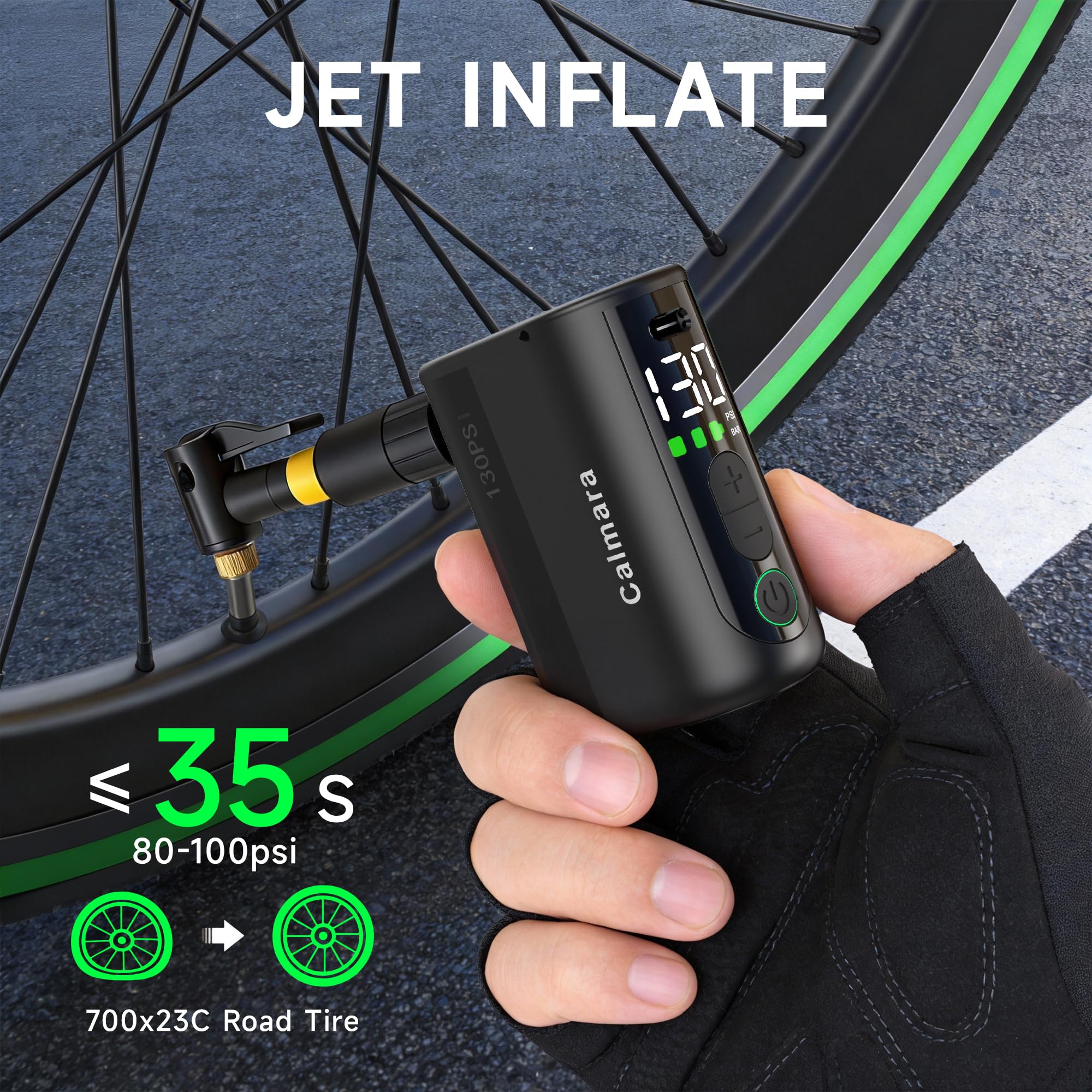 MY20 - Bomba eléctrica para bicicleta con manómetro, inflado rápido de 130 PSI, mini bomba de bicicleta con válvula Presta y Schrader, parada automática, bomba de aire recargable portátil para