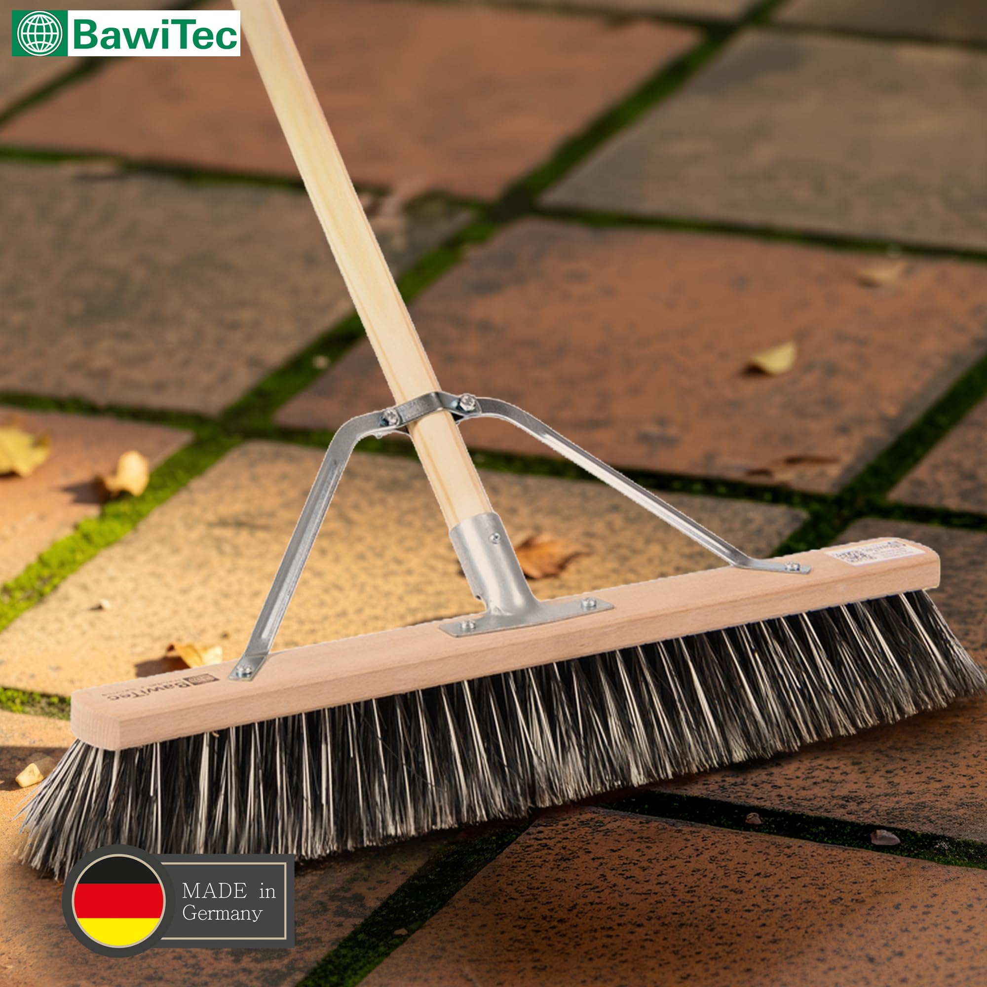 OssiBlitz Besen Straßenbesen 100cm mit Stiel 160cm Stabi Harte Borsten | Spezieller Stielstabilisator/Zusatzhalterung, Besenstiel Ø28mm, Für groben und feinen Schmutz
