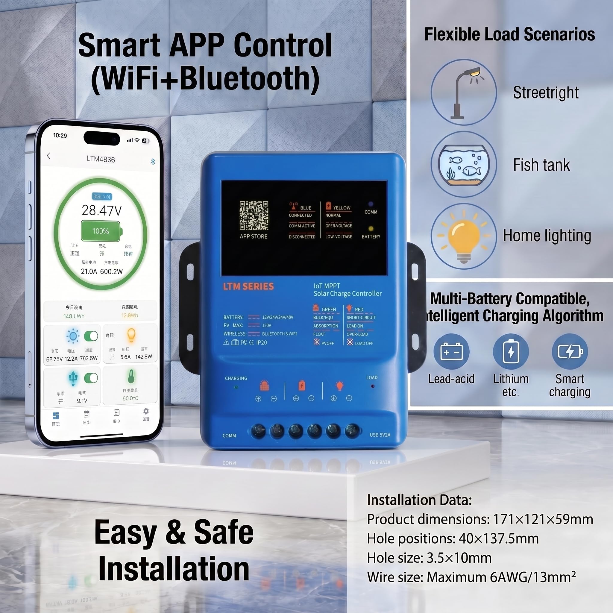 MPPT Régulateur de charge solaire 40 A 12 V 24 V 36 V 48 V 120 V PV avec application WiFi Bluetooth et activation 0 V LiFePO4 – Contrôleur de charge solaire LTM4840 pour camping-car, caravane, système