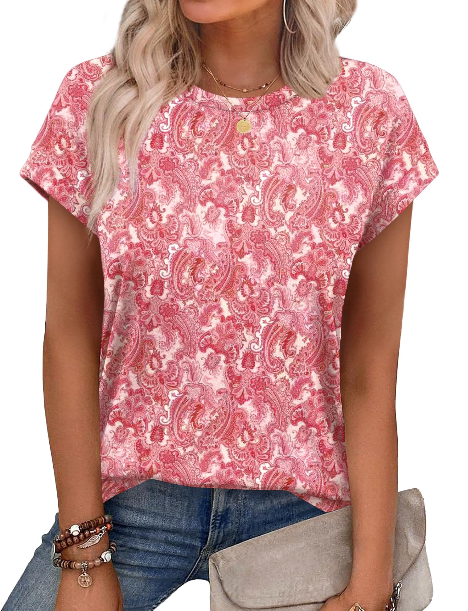 Aokosor Womens Summer Tops Floral Printed Short Capsleeve Shirts Crew Neck Cute Fashion Dressy Tunic Blouses for UK — view 14