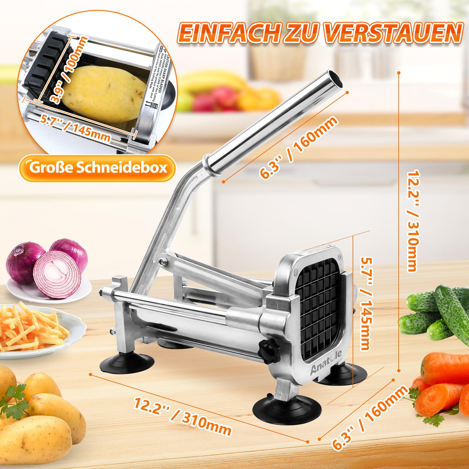 Anatole Pommesschneider Professionell mit 13/9/6mm Klingen aus Edelstahl | Kartoffelschneider Manuell, 4 Saugfüßen, Kompakte Bauweise, für Kartoffel Karotte Gurke Zwiebel Obst, für Küche zu Hause