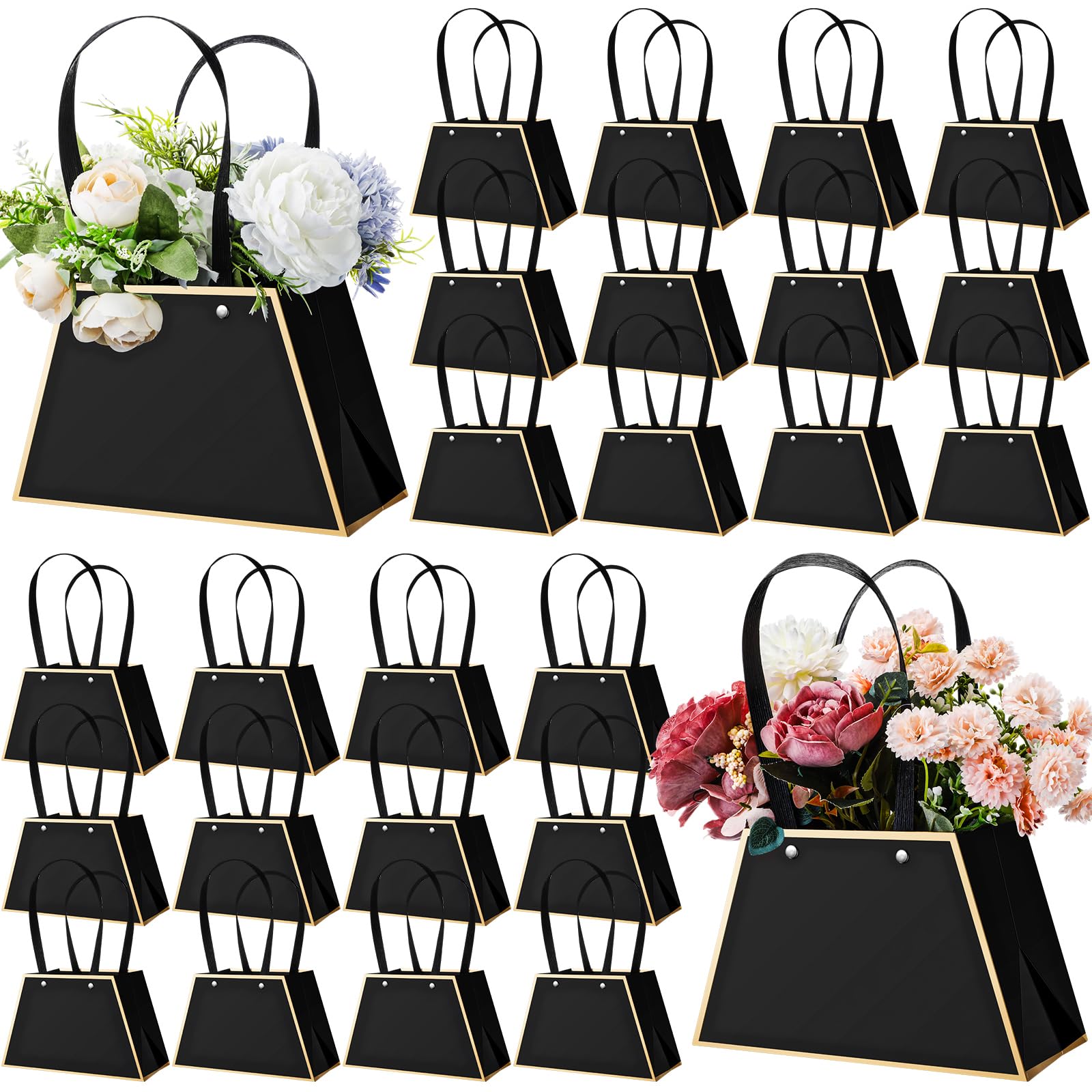 24 Pcs Mother's Day Floral Gift Bags Portable Bouquet Wrapping Paper Bag with Handle Waterproof Flower Boxes for Bouquets Florist Gift Wrap Bags for Graduation Wedding Birthday(Black)