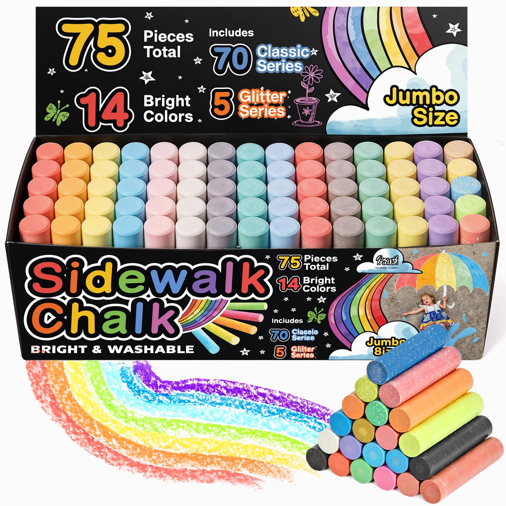 75 PCS Sidewalk Chalk for Kids - 14 Colors, 5 Glitter, Non-Toxic Washable