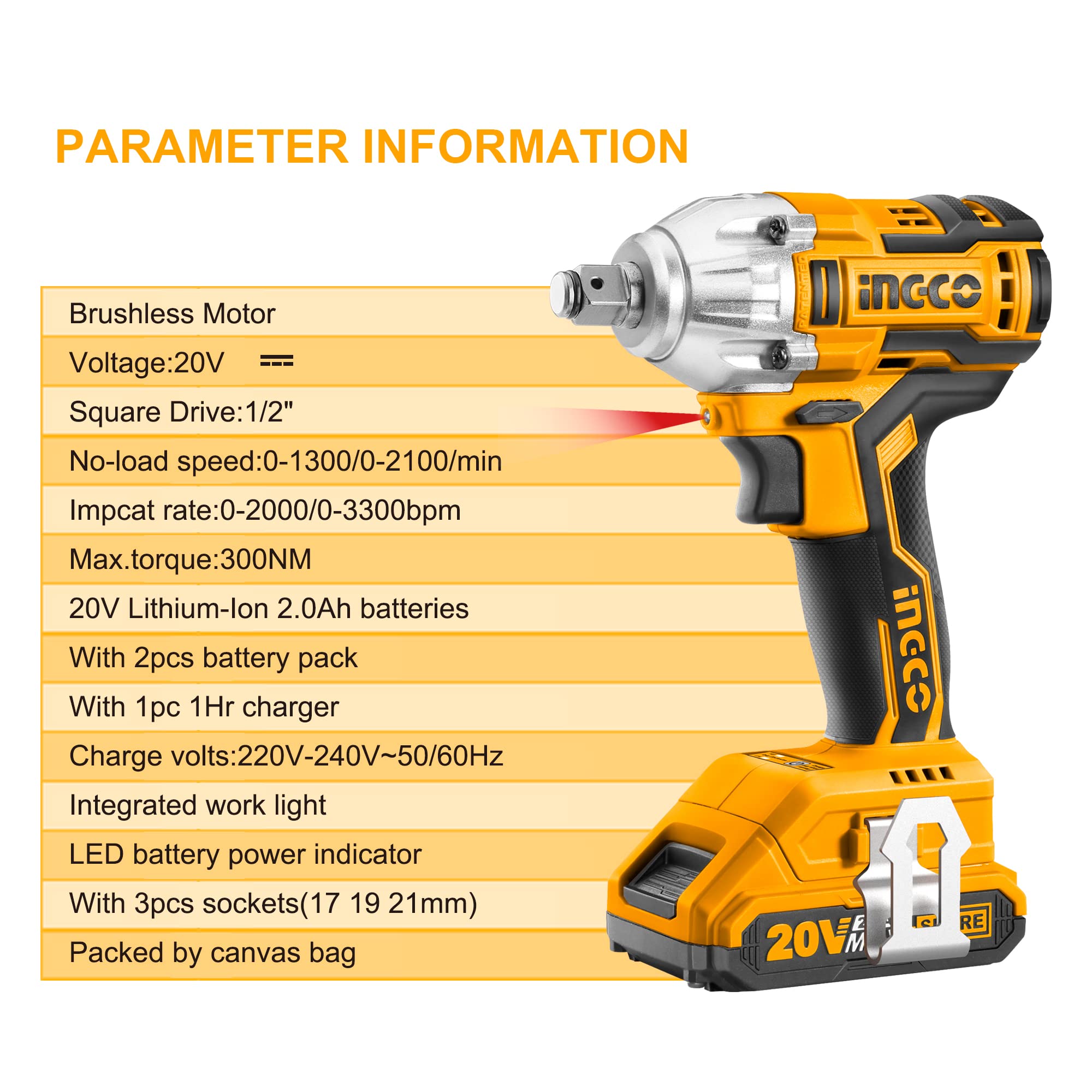 INGCO 20V Cordless Impact Wrench Set, Brushless 1/2 Inch Impact Wrench