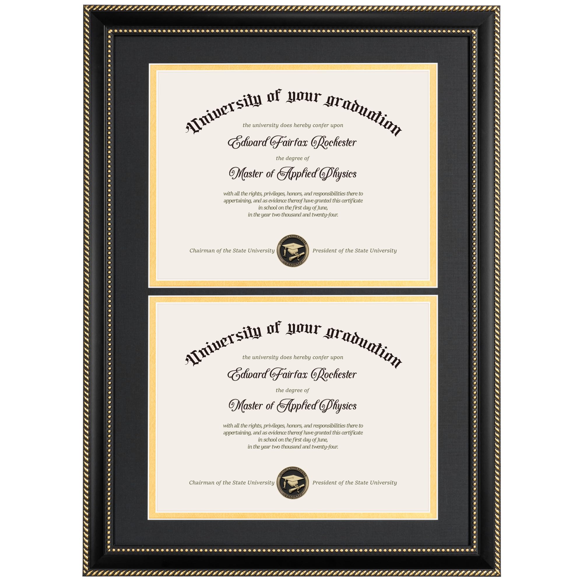 FLYJOE Double 8.5x11 Diploma Frame for Two 8.5x11 Document|Certificate|Degree|Pictures 14x20 Frame for Diploma with Black over Gold Mat HD Tempered Glass, Black with Gold Beads