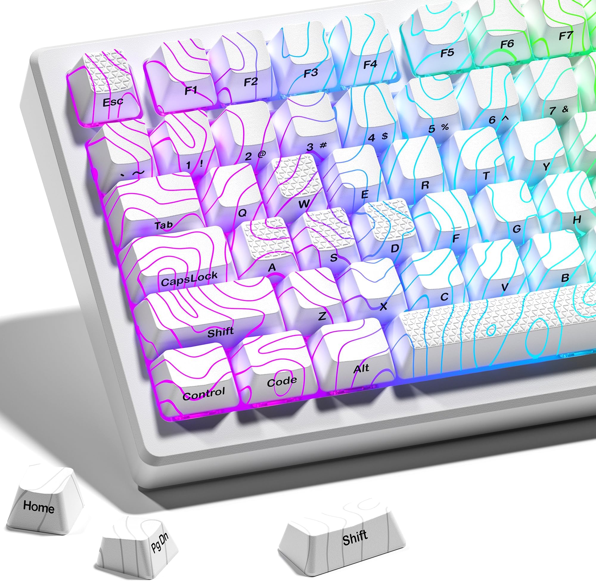HITIME XVX Shine Through Keycaps with IMD Tech, Custom Keycaps 60 75 100 Percent, White Keycap Set OEM Profile,118 Keys Side Printed Keyboard Keycaps for Mechanical Keyboard, Topographic(Only Keycaps)