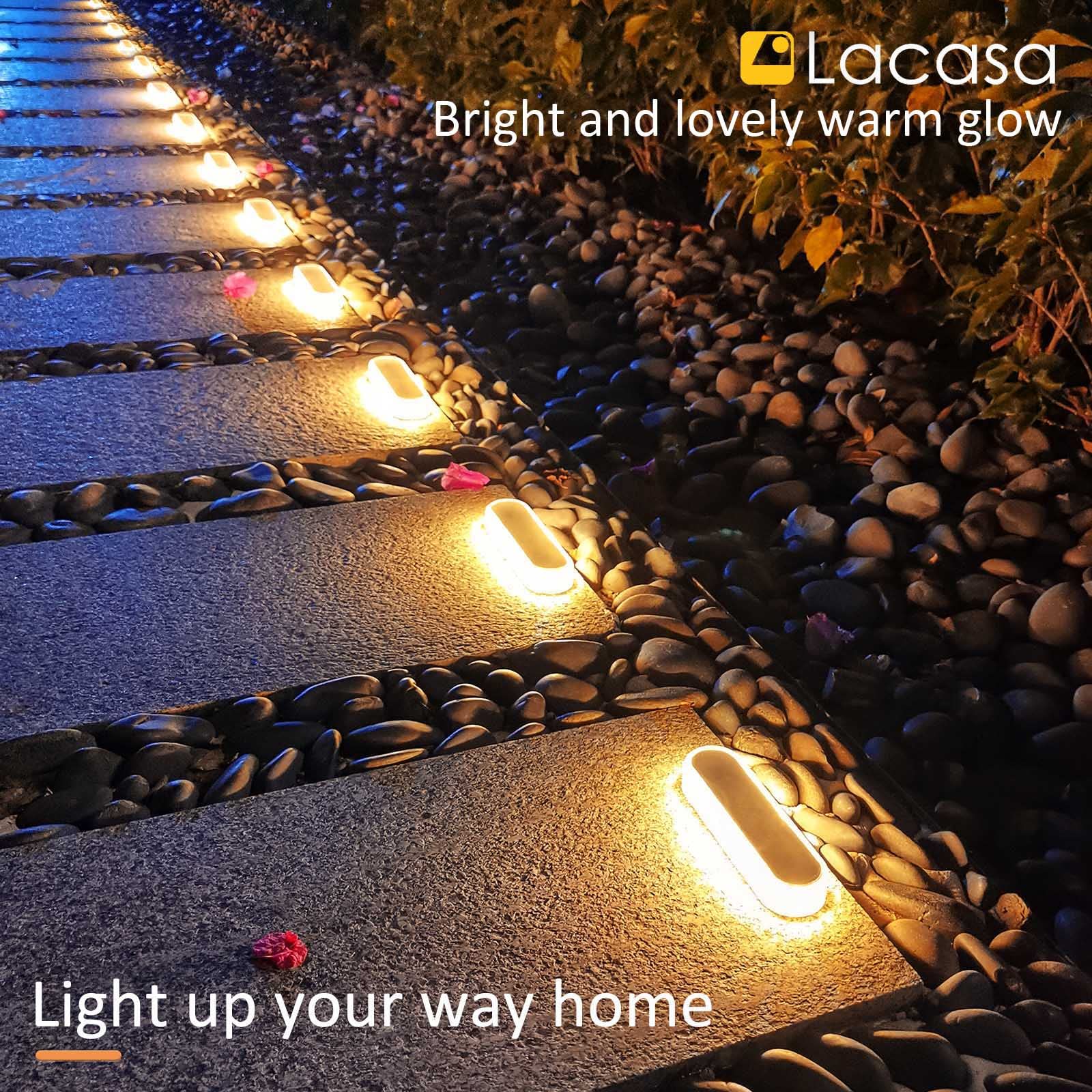 Lacasa 4 szt. Zewnętrzna lampa solarna ciepła biel 2700 K 40 lm, dekoracja tarasu zewnętrznego, wodoodporna IP68, automatyczne włączanie/wyłączanie, oświetlenie do ścieżek ogrodowych, schodów, tarasów