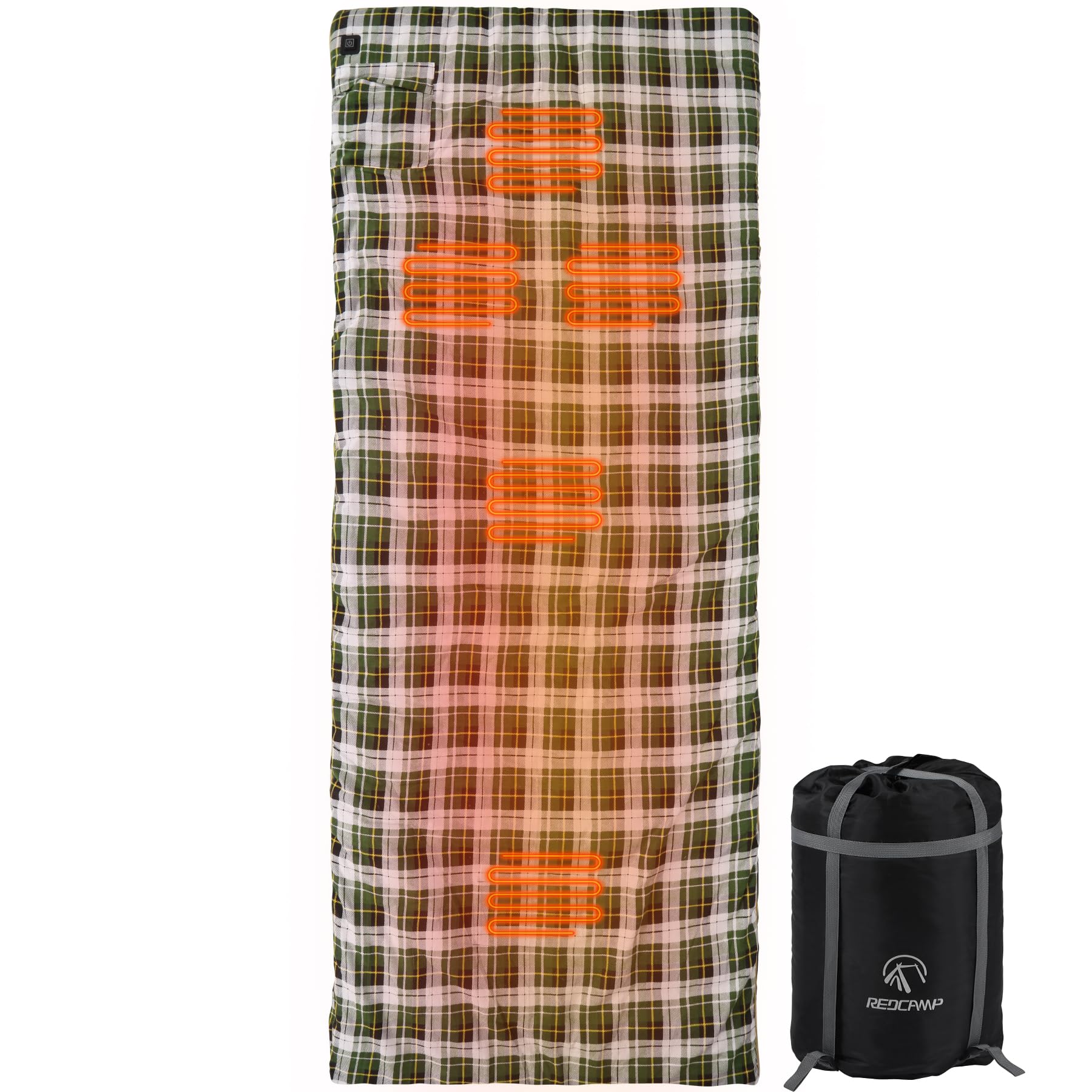 REDCAMP Heated Sleeping Bag pad, 5 Heating Zones, Heated Sleeping Bag Liner, 3 Adjustable Heat Settings USB Heating Pad for Camping Backpacking or Hiking (Green and White Grid) 77"x30"