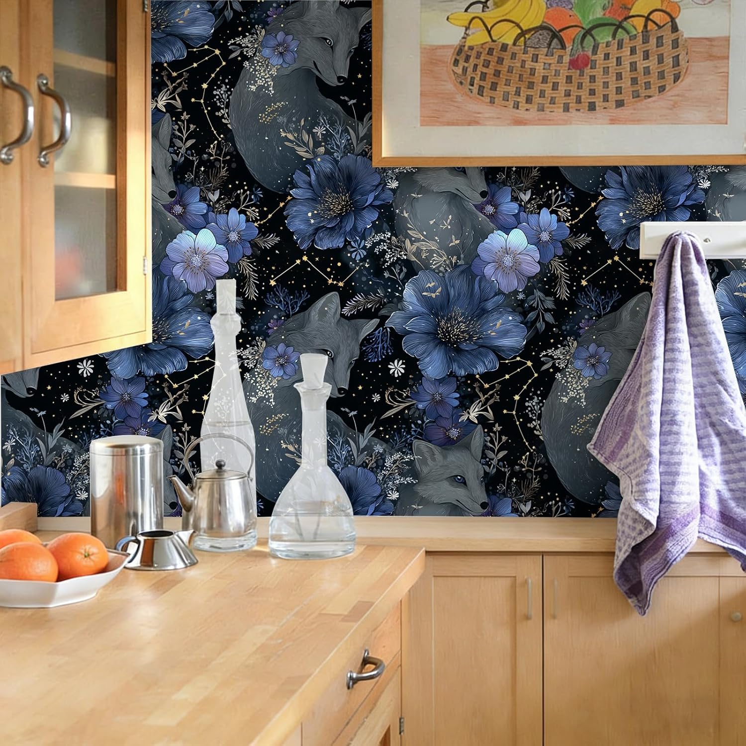 Stickorama Whimsical Starry Animal Galaxy Peel and Stick Wallpaper Self Adhesive 17.72" X 236.2" Fox Floral Star Wall Paper Renter Friendly Removable Waterproof for Bedroom Living Room