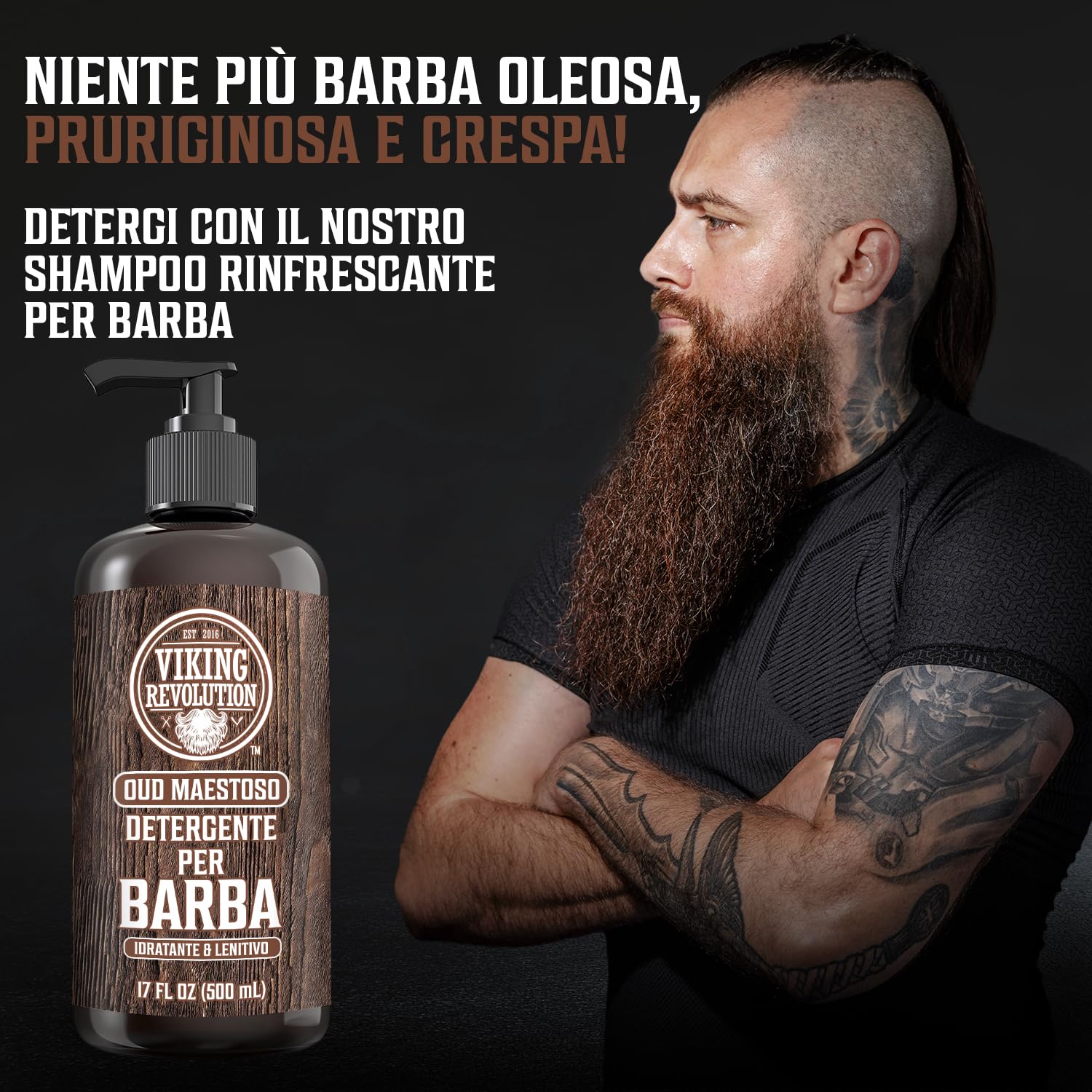 Viking Revolution - Shampoo Barba Uomo - Include Balsamo con Oli di Argan e Jojoba - Ammorbidisce, Lenisce e Rinforza la Barba - Oud Maestoso - 2x500 ml