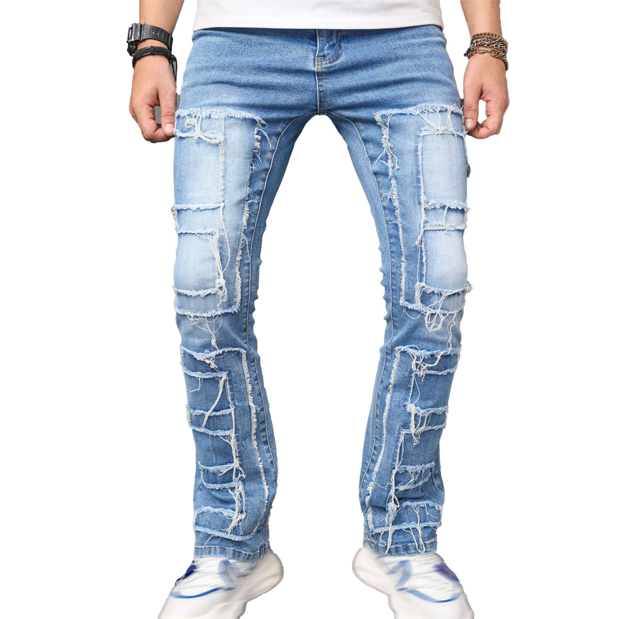 Maiyifu-GJ Jeans for Men Tassels Decoration Straight Fit Casual Patchwork Denim Trousers Stretch Street Style Denim Pants (Blue1,XX-Large)