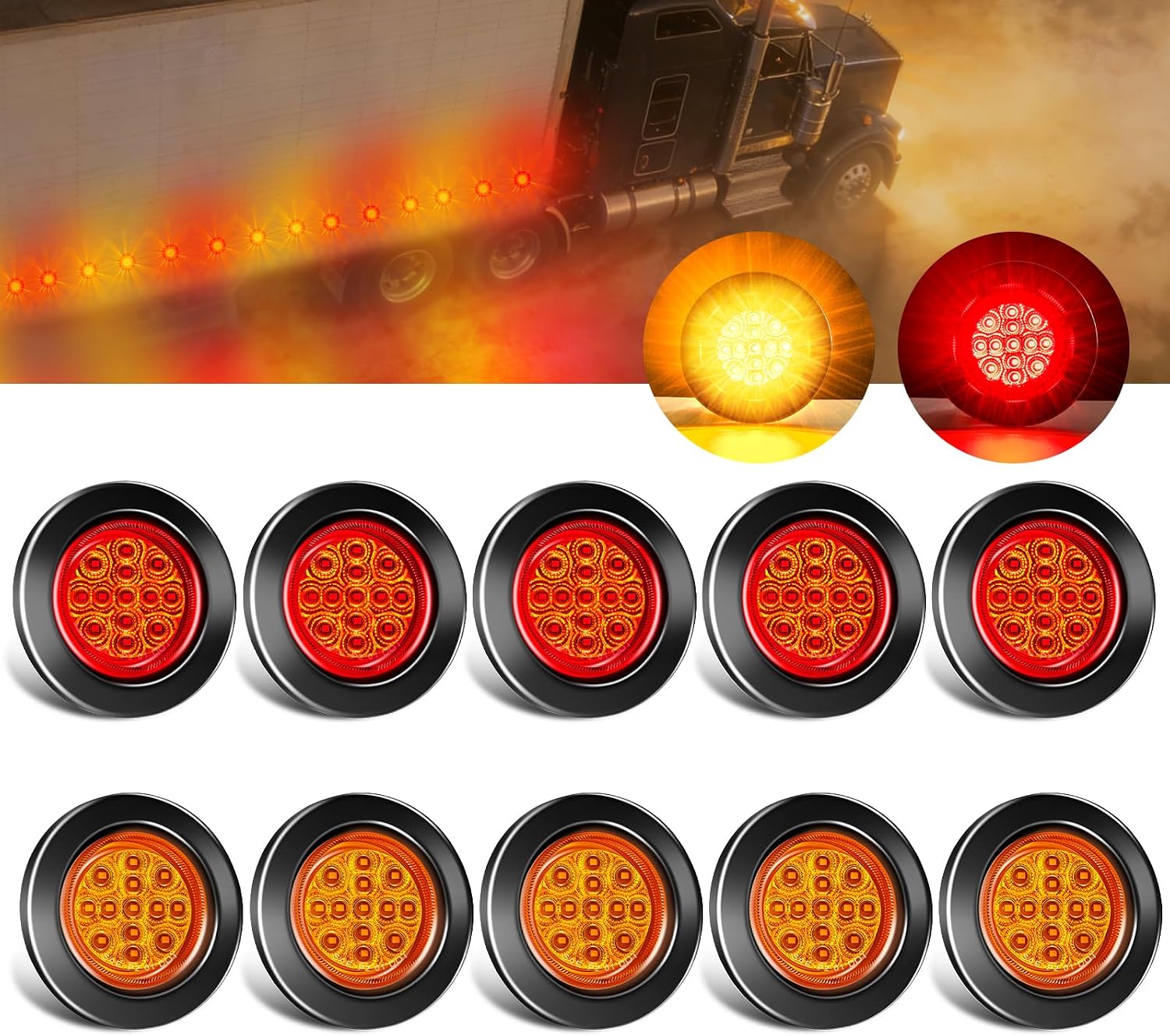 2.5" Round 5 Amber + 5 Red 13 LED Side Marker Clearance Lights Waterproof with Rubber Grommet and Wire Pigtail for 12V Truck Trailer RV with Reflectors