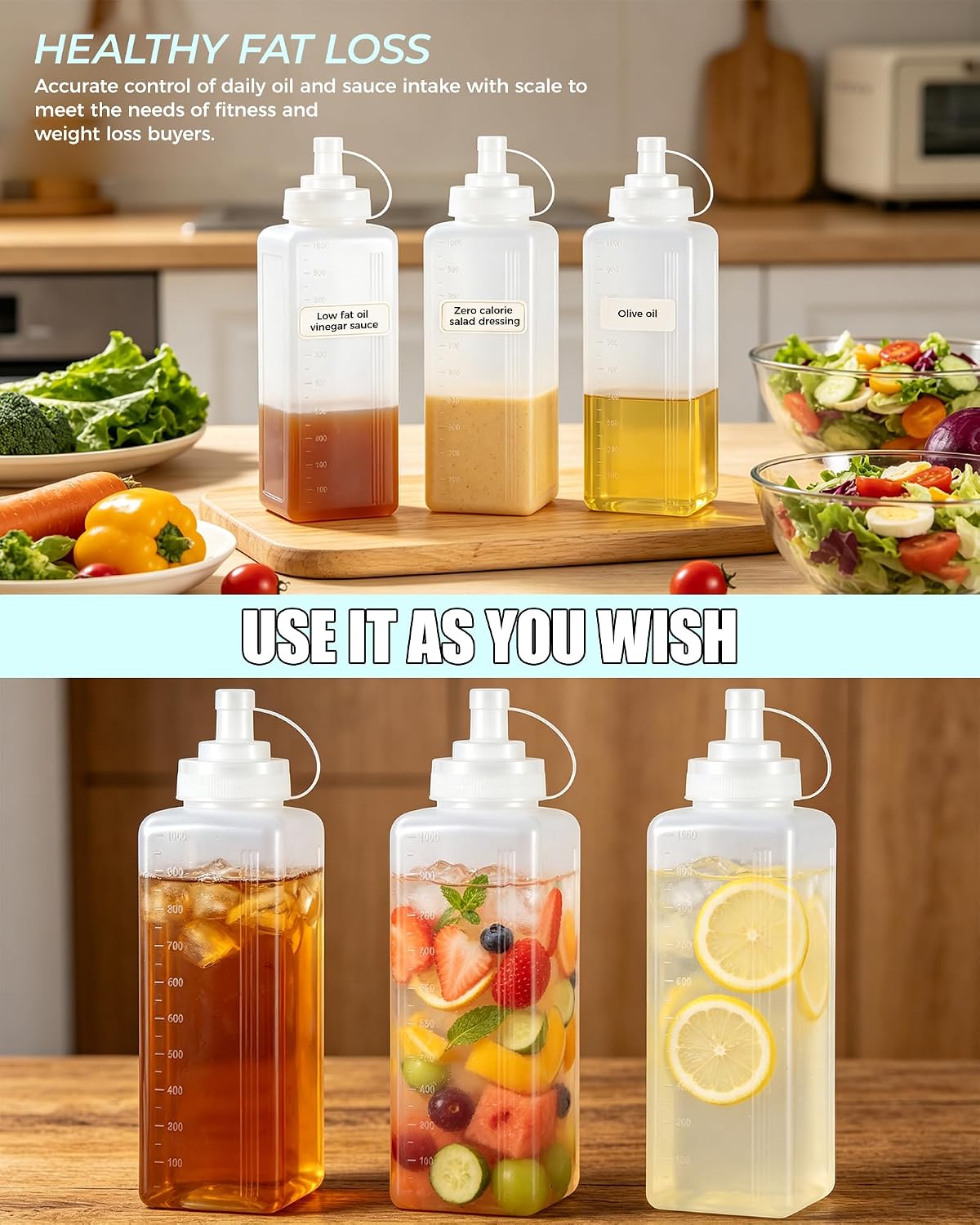 Squeeze Bottles, 33 Oz Condiment Squeeze Bottles Set of 4 — Leak Proof, Wide Mouth, Precise Pour Dispenser for Ketchup, Mustard, Oils & Salad Dressing — Great for Kitchen and Restaurant