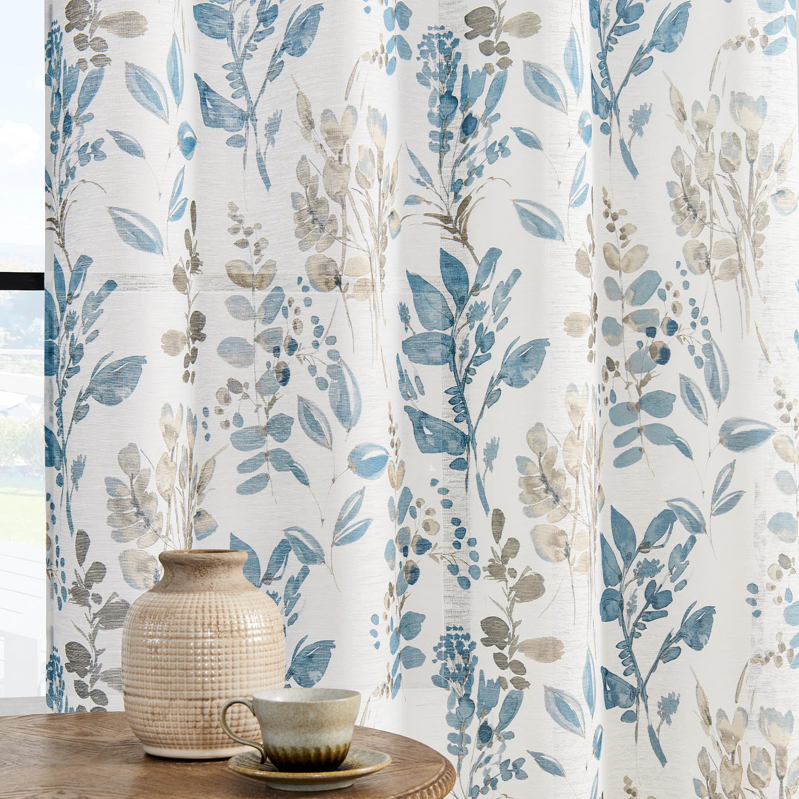 Semi Sheer Curtains 84 Inches Long Light Filtering Floral Curtains for Living Room Grommet Vintage Curtains Farmhouse Window Drapes for Bedroom Sliding Door 2 Panels