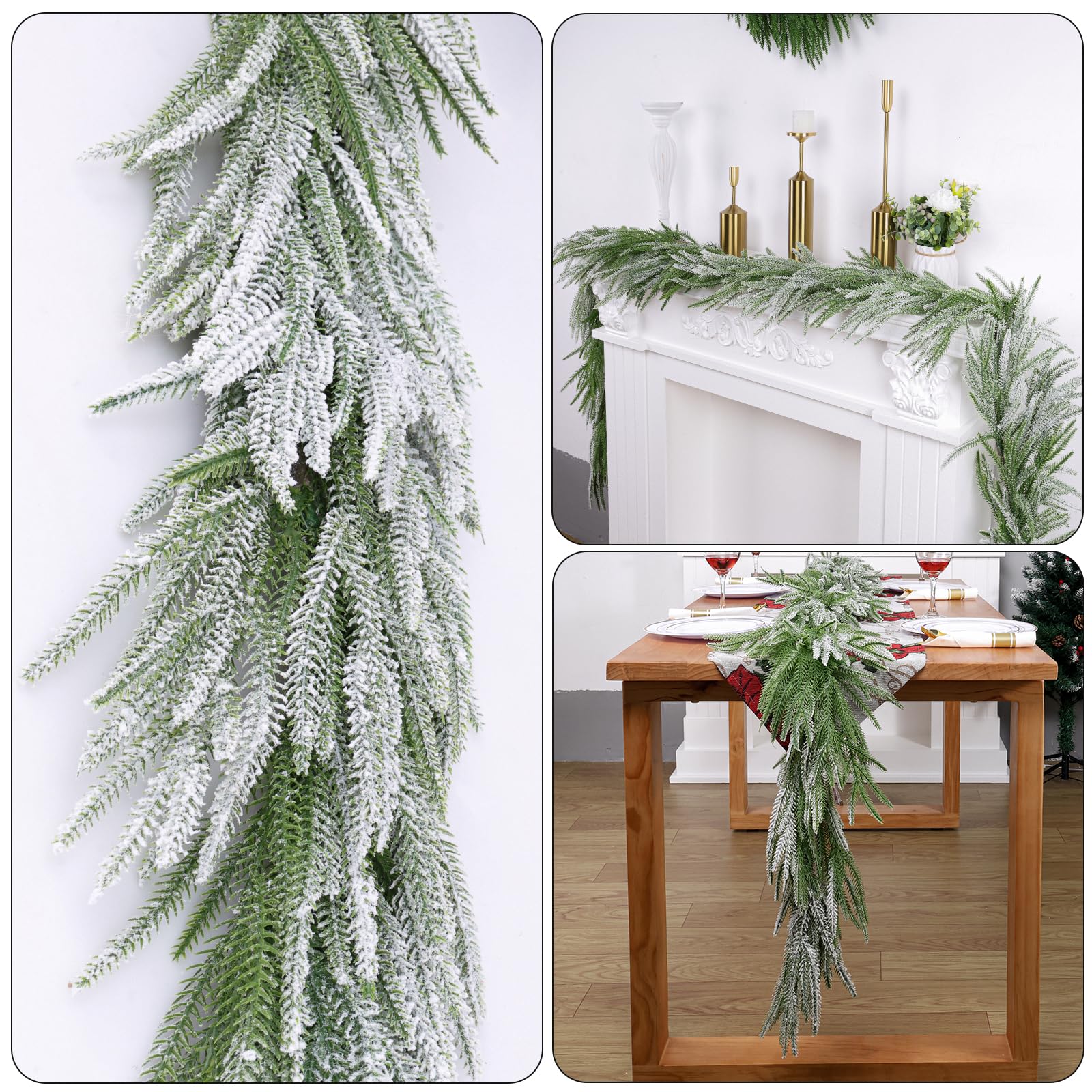 2 guirnaldas de pino Norfolk flocado de nieve, guirnalda de pino de invierno de 72 pulgadas, guirnalda verde artificial verde para mesa, mantel, pared, interior y exterior, decoraciones de Navidad