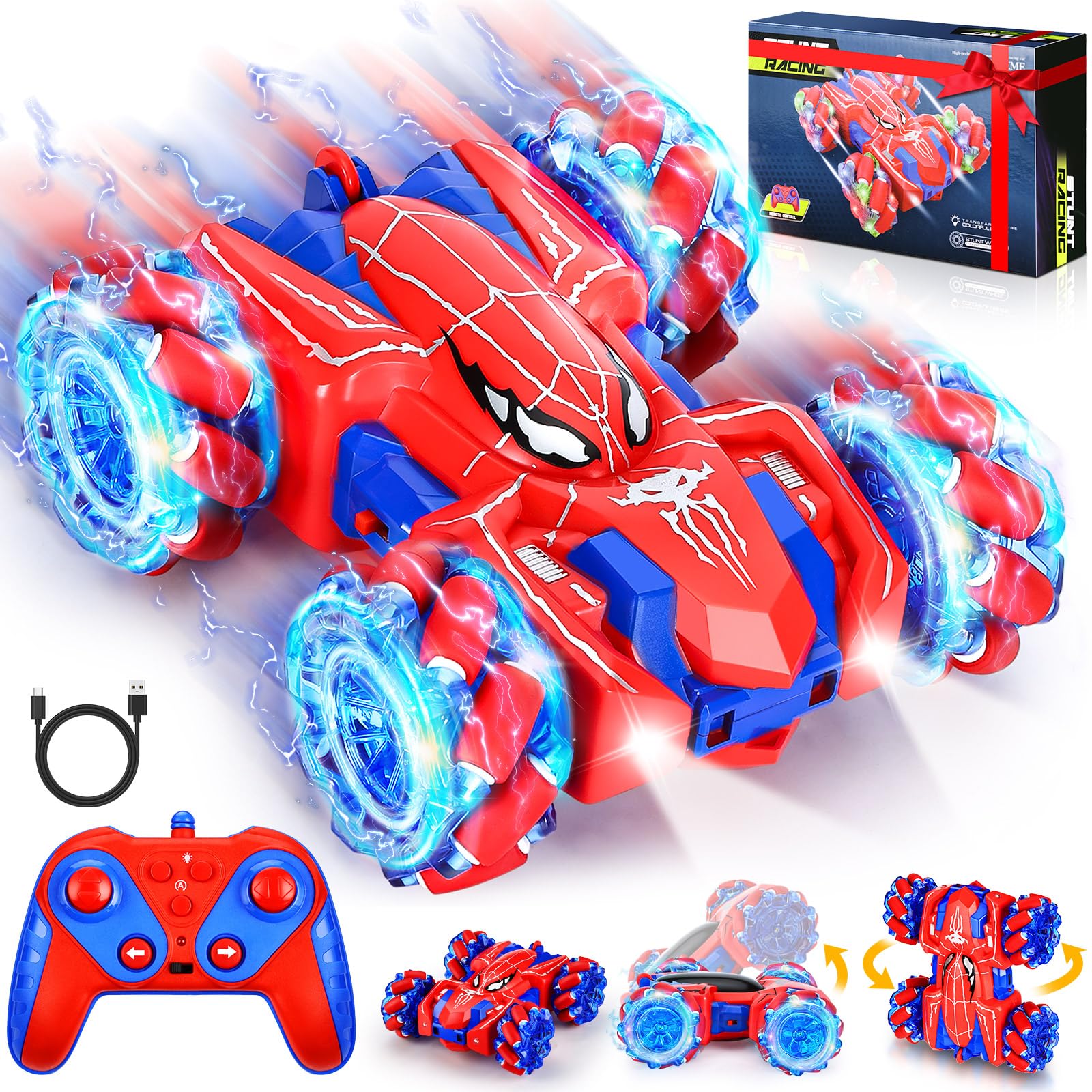 Spider Remote Control Car for Boys 4-6,360° Rotating Double-Sided Rechargeable RC Stunt Cars with Cool Headlights,2.4Ghz 4WD Off-Road Racing Cars for Kids Age 4 5 6 7 8 9 10 11 12 (Red1)