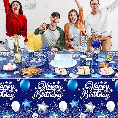 Miniatura 7 de Norme Juego de vajilla de cumpleaños de 176 piezas, color azul marino y plateado, incluye mantel, platos de papel, servilletas, vasos de papel,