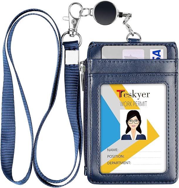 Teskyer Card Holder with Retractable Lanyard, Badge Holder with Zipper Pocket and Holds 4 Cards, Vertical Card Holder with Clear Window, PU Leather, Blue